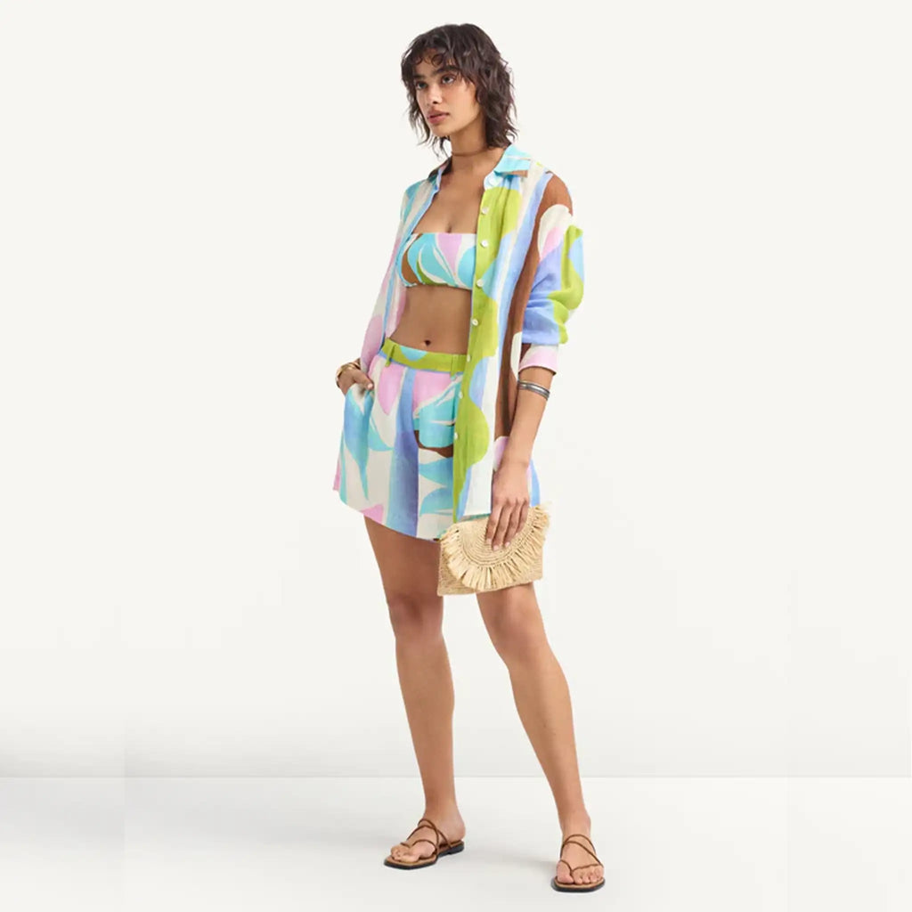 Vitamin A Playa Boyfriend Shirt in Coast Colorblock print side view.