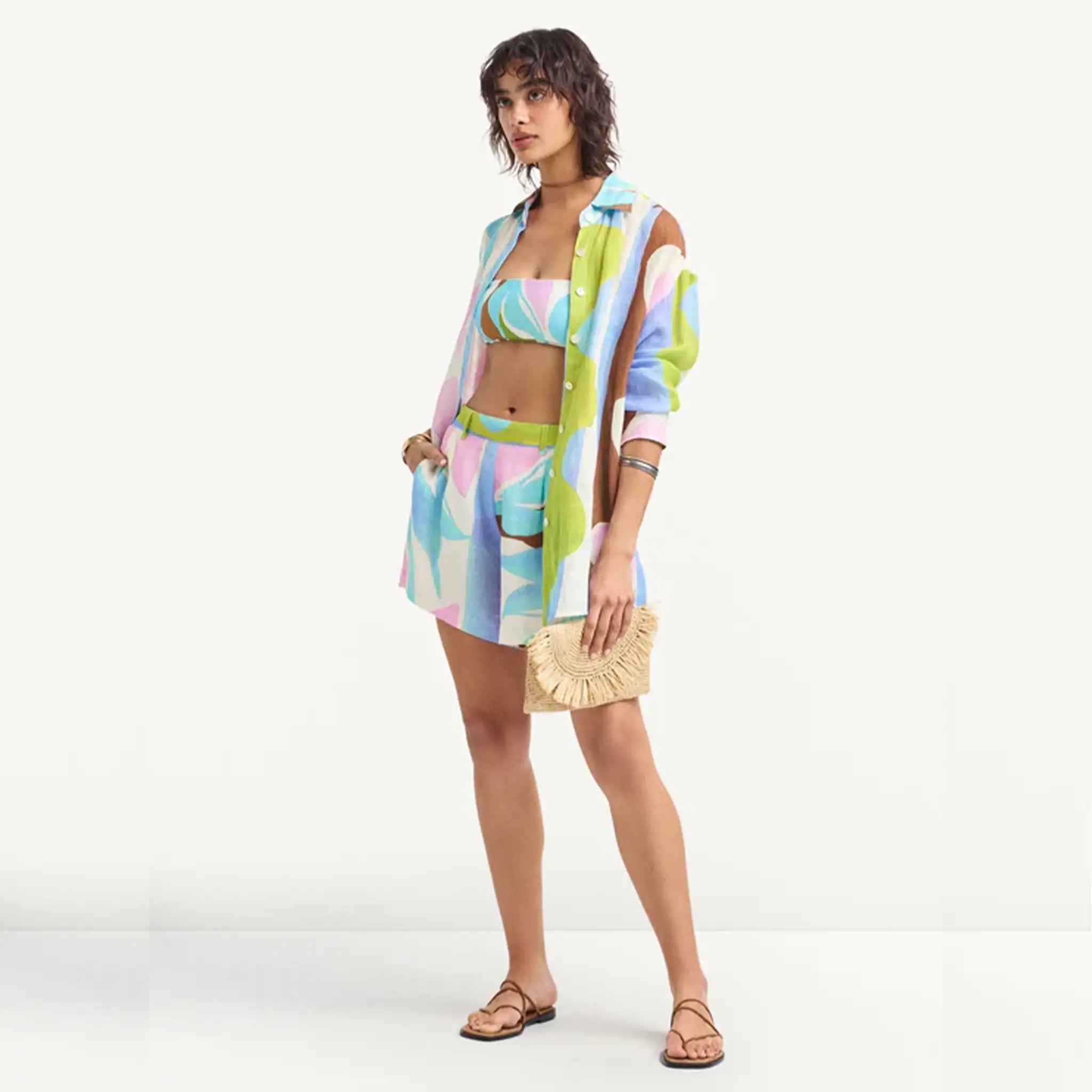 Vitamin A Playa Boyfriend Shirt in Coast Colorblock print side view.