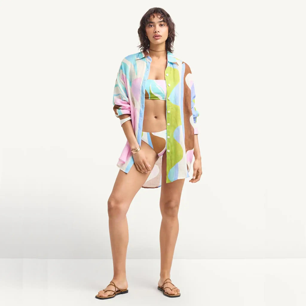 Vitamin A Playa Boyfriend Shirt in Coast Colorblock print front view.