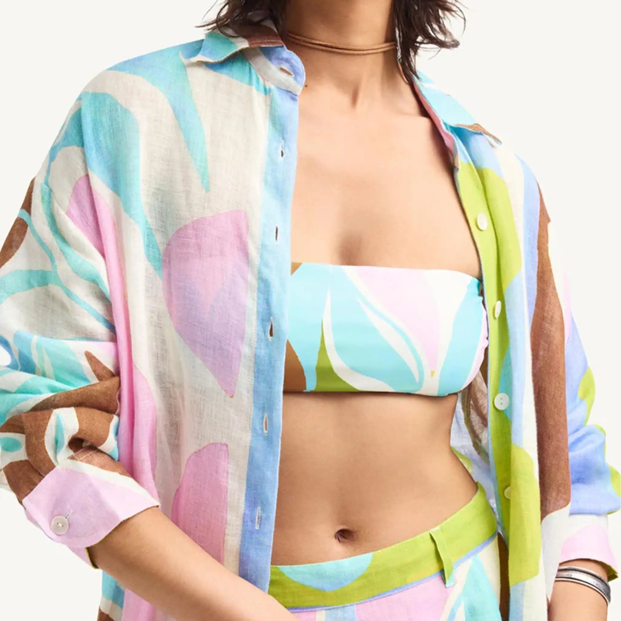 Vitamin A Playa Boyfriend Shirt in Coast Colorblock print Close Up