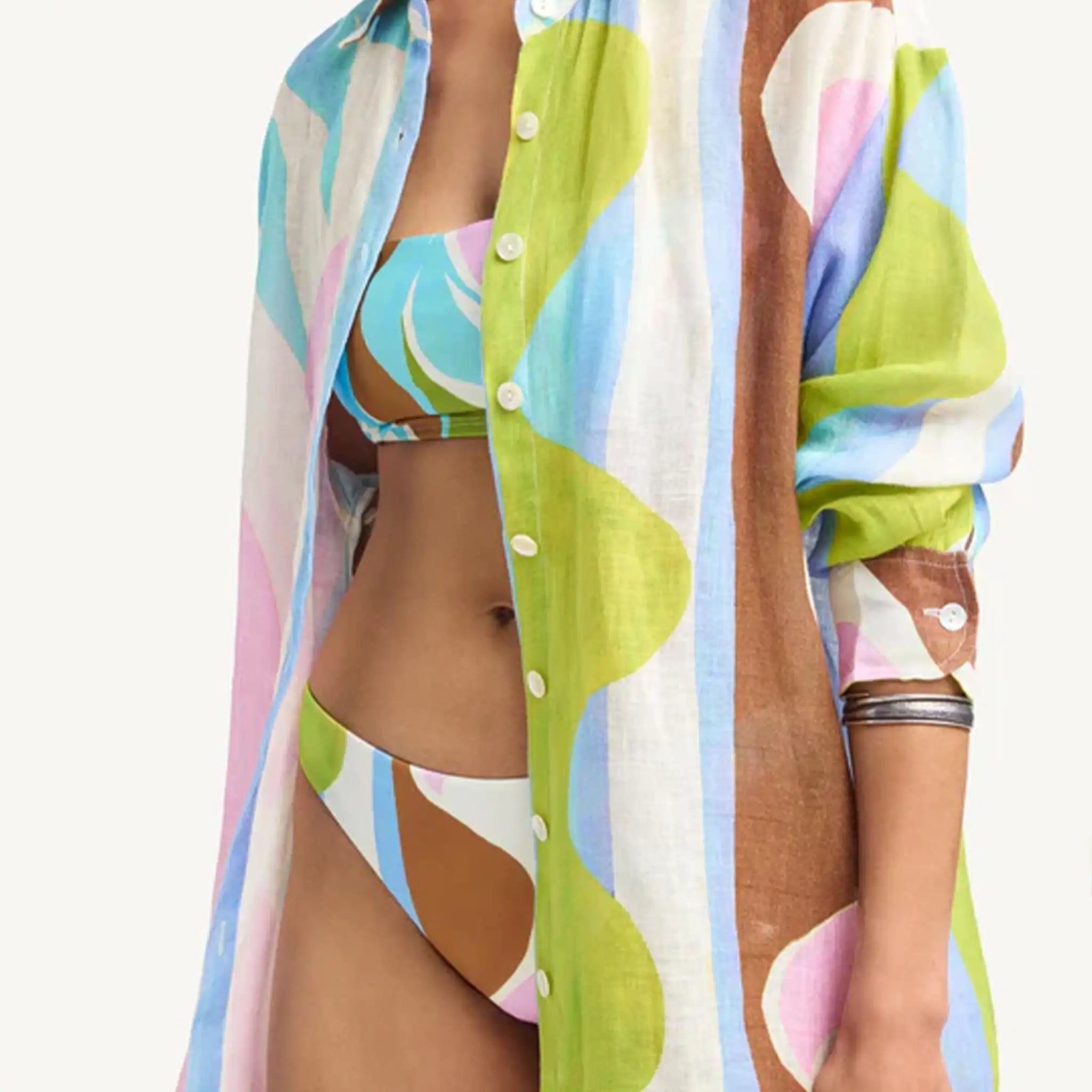 Vitamin A Playa Boyfriend Shirt in Coast Colorblock print close up.
