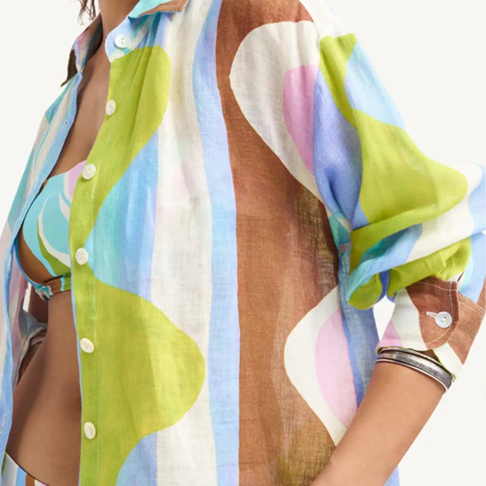 Vitamin A - Playa Linen Boyfriend Shirt - Coast Colorblock