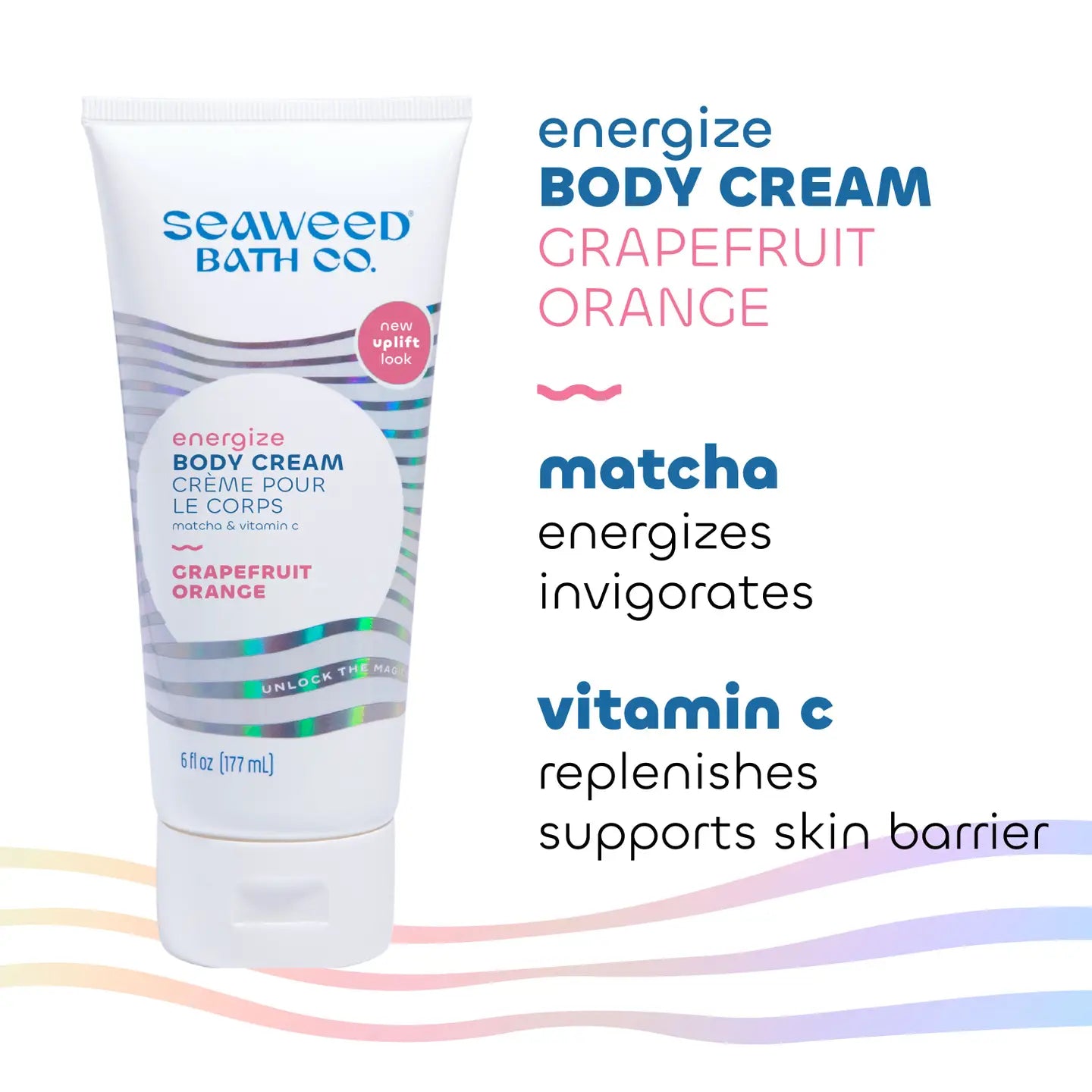 Seaweed Bath Co. energize body cream tube with text highlighting benefits on a white background