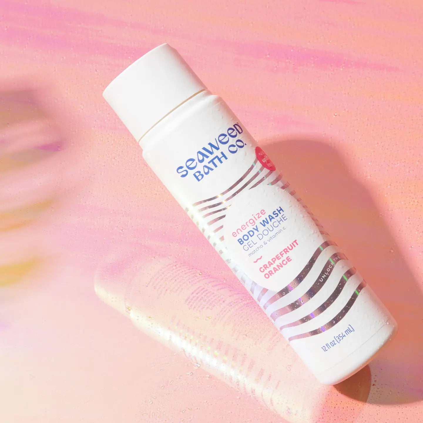 Seaweed Bath Co Energize Body Wash on a pink background