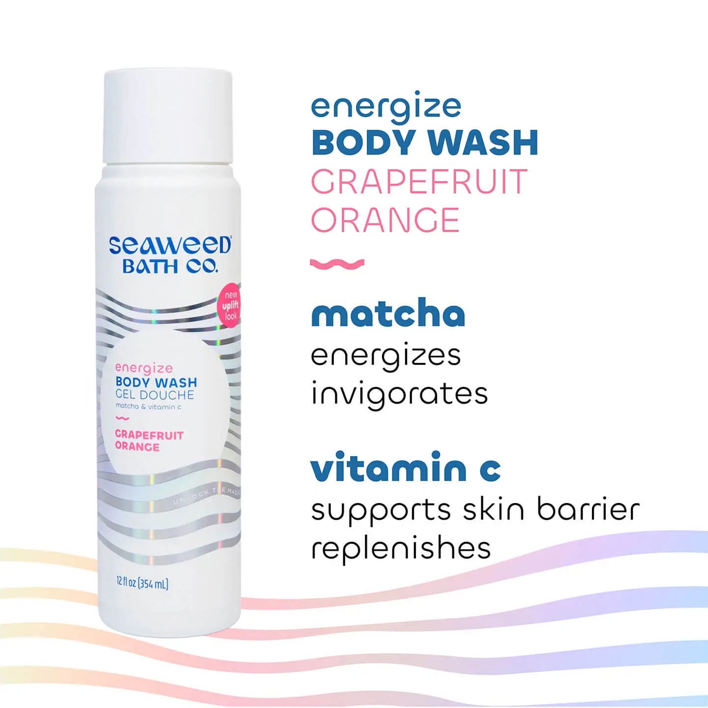 Seaweed Bath Co energize body wash bottle with product details on a white background