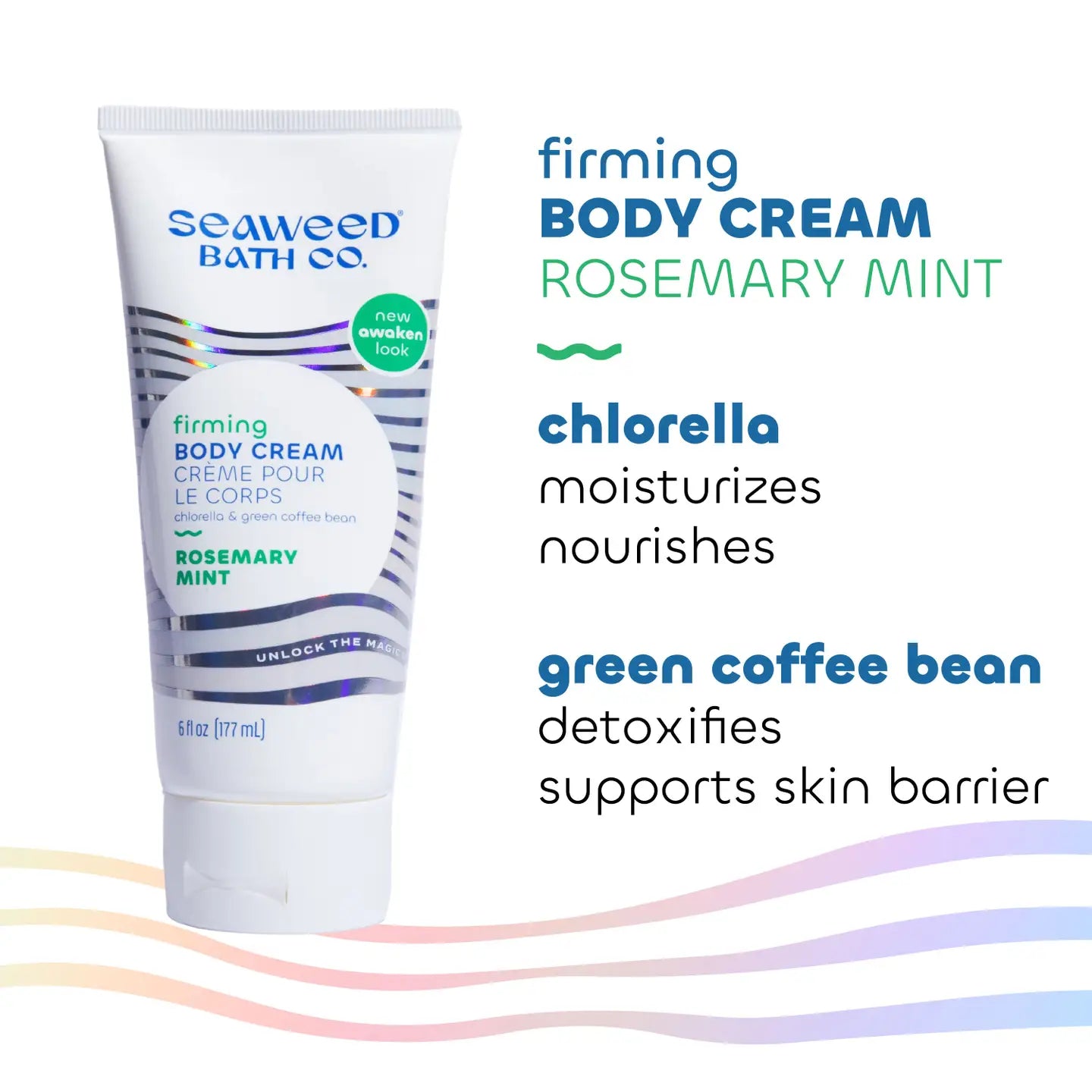 Seaweed Bath Co. firming body cream with text highlighting ingredients on a white background