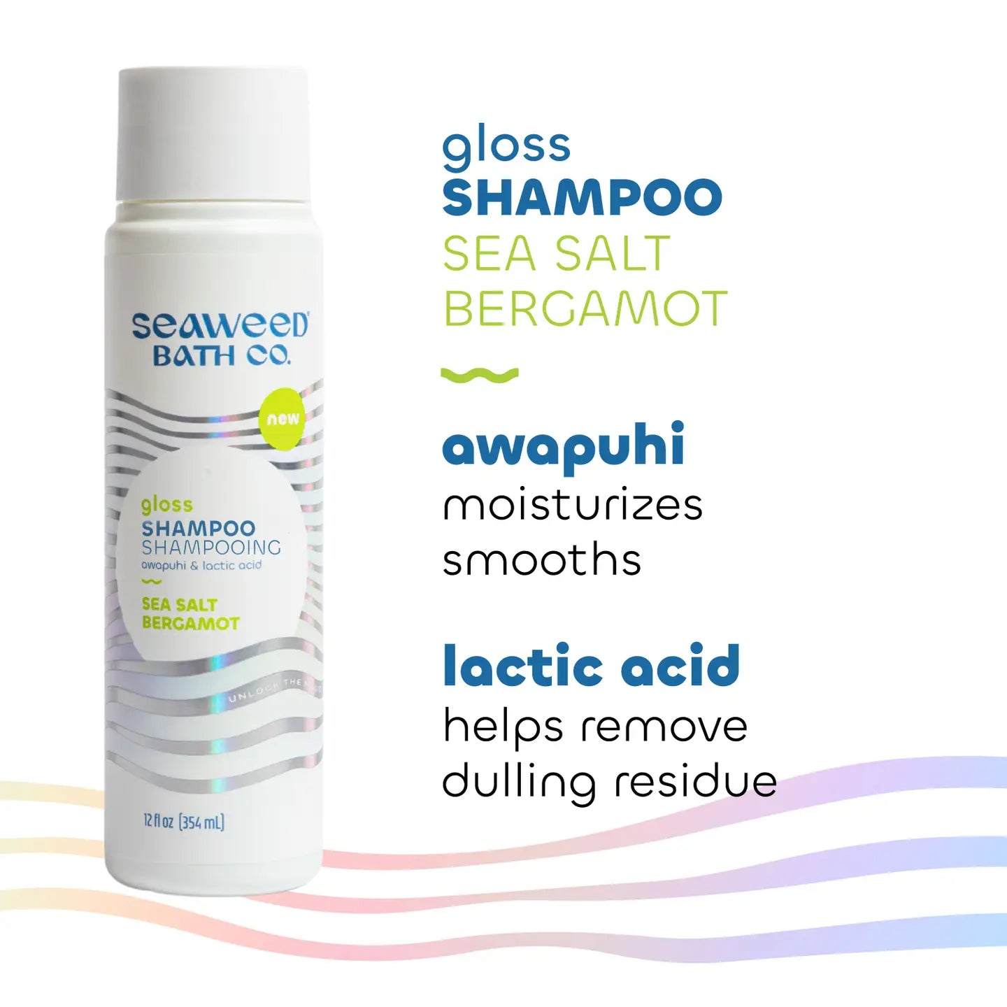 Seaweed Bath co Gloss Shampoo bottle with text highlighting ingredients and benefits on a white background