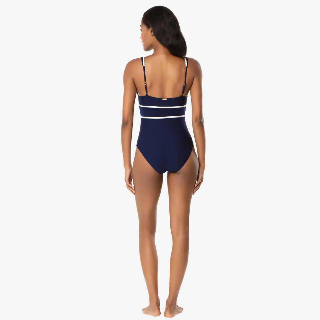 Helen Jon - Plunge Front Tie One-Piece - Navy Ivory