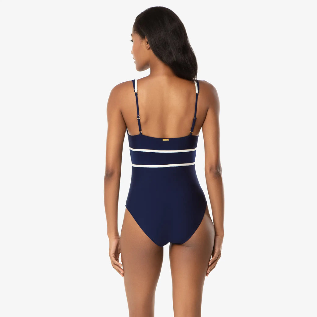 Helen Jon - Plunge Front Tie One-Piece - Navy Ivory