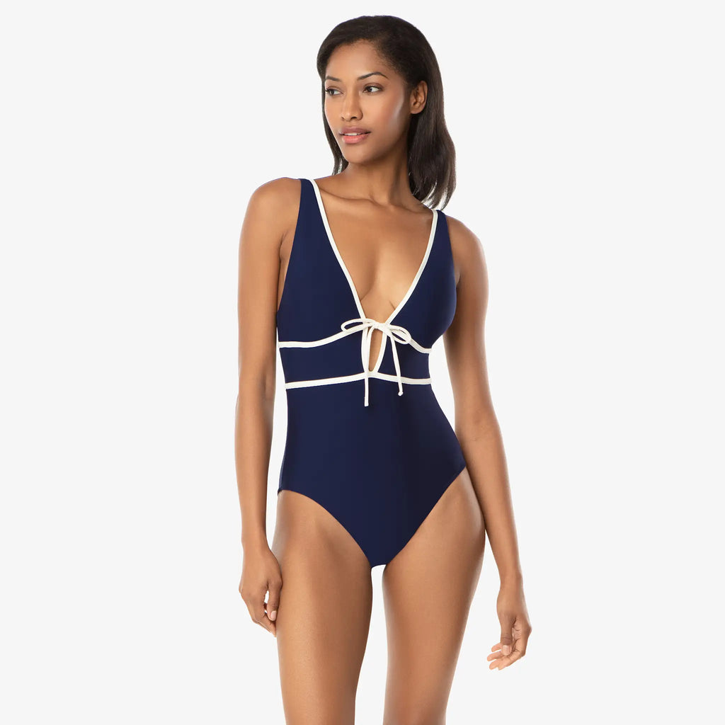 Helen Jon - Plunge Front Tie One-Piece - Navy Ivory
