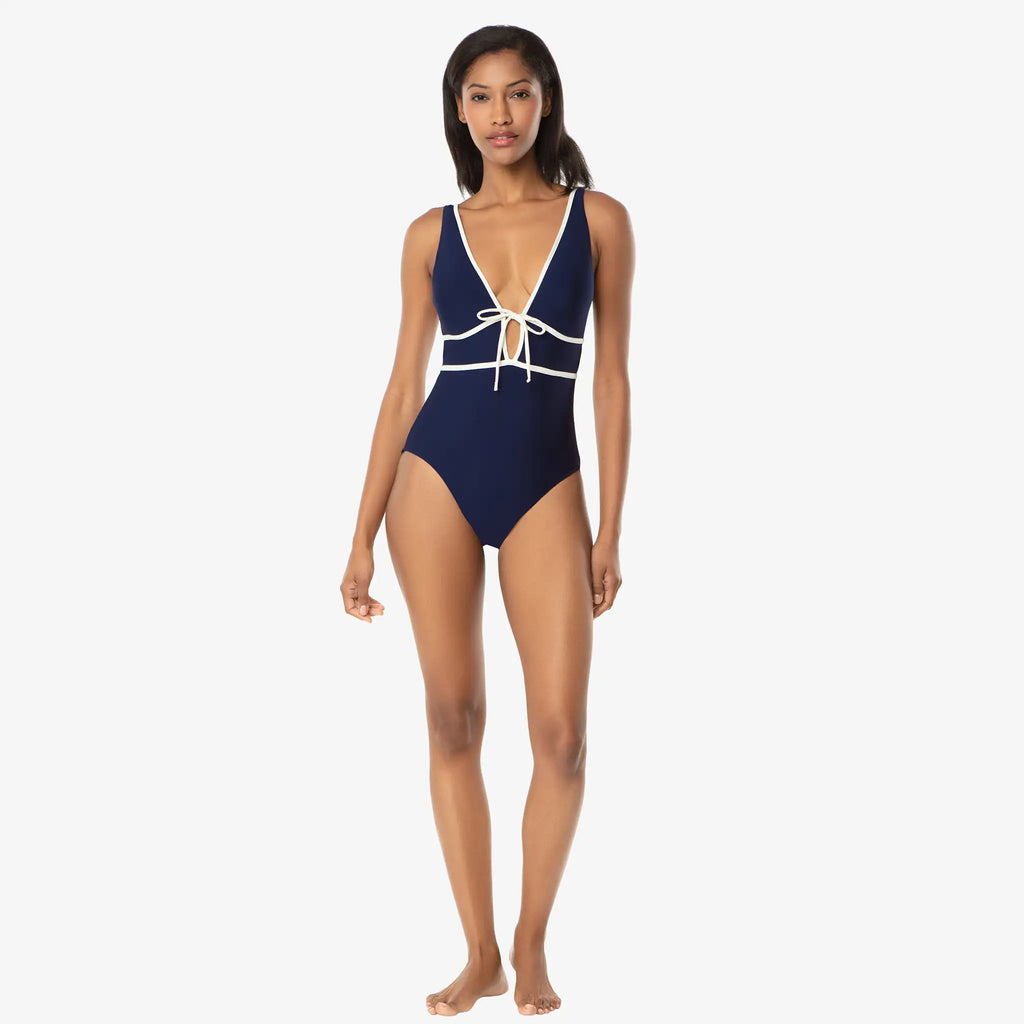 Helen Jon - Plunge Front Tie One-Piece - Navy Ivory