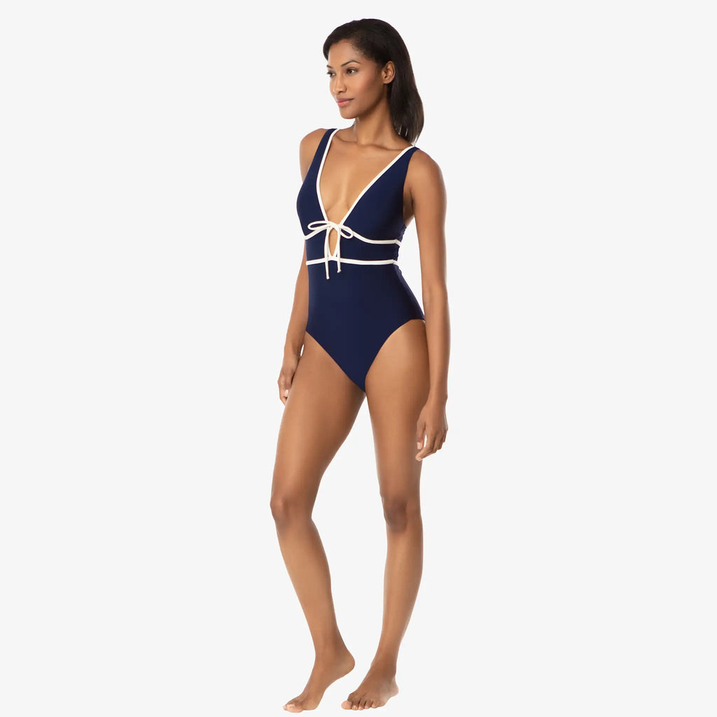 Helen Jon - Plunge Front Tie One-Piece - Navy Ivory
