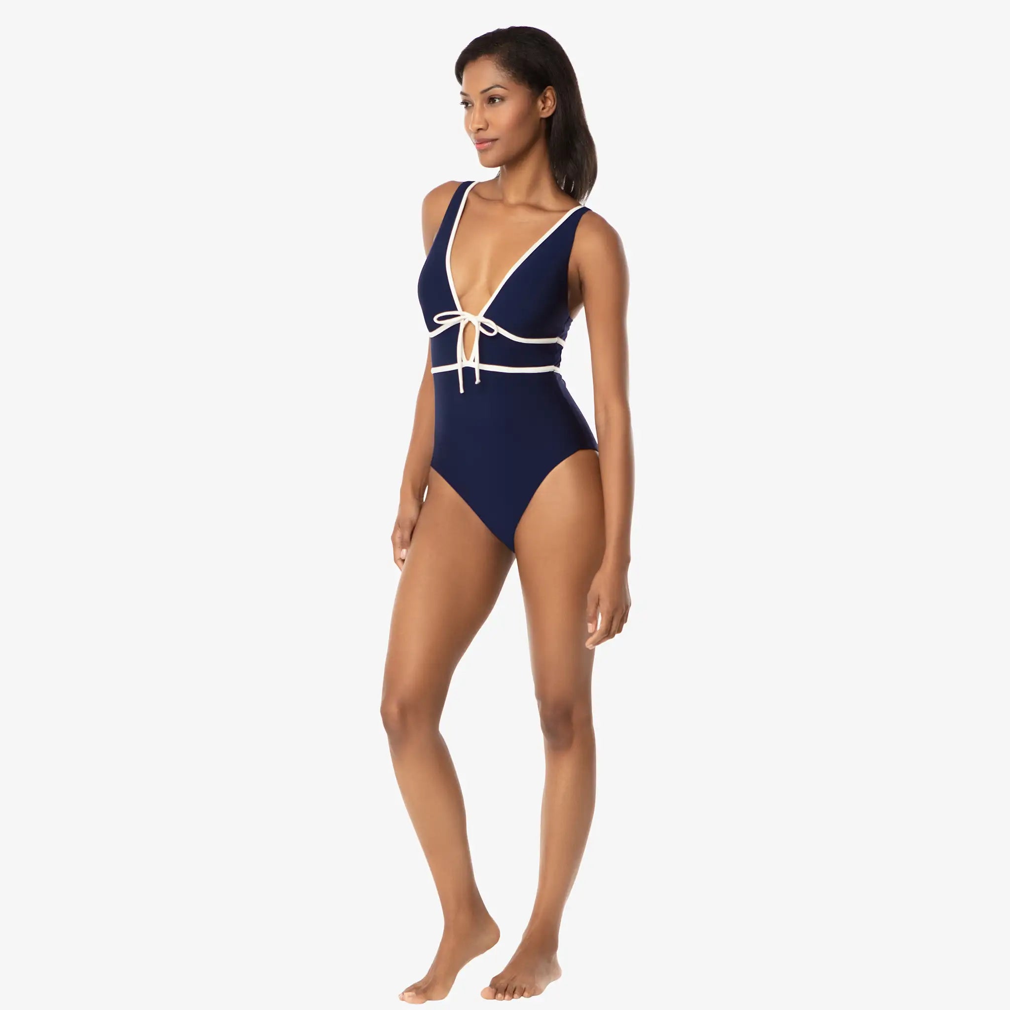 Helen Jon - Plunge Front Tie One-Piece - Navy Ivory