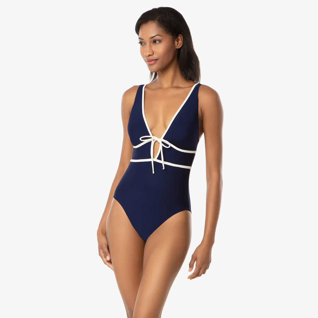 Helen Jon - Plunge Front Tie One-Piece - Navy Ivory