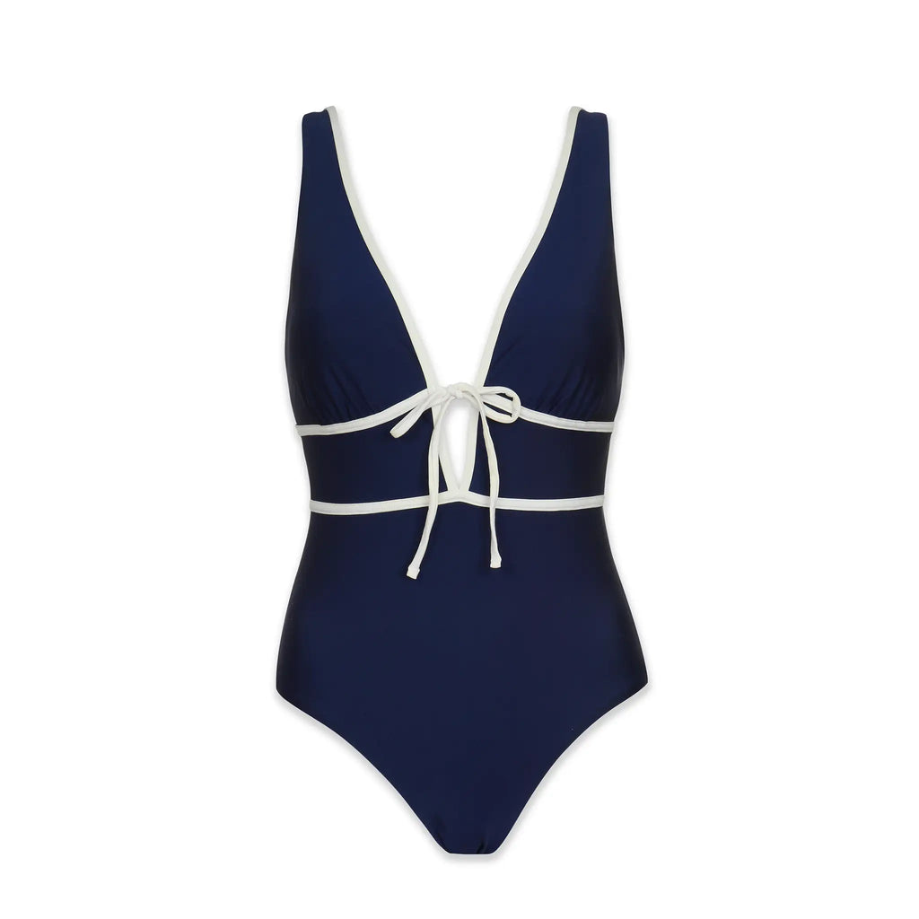 Helen Jon - Plunge Front Tie One-Piece - Navy Ivory