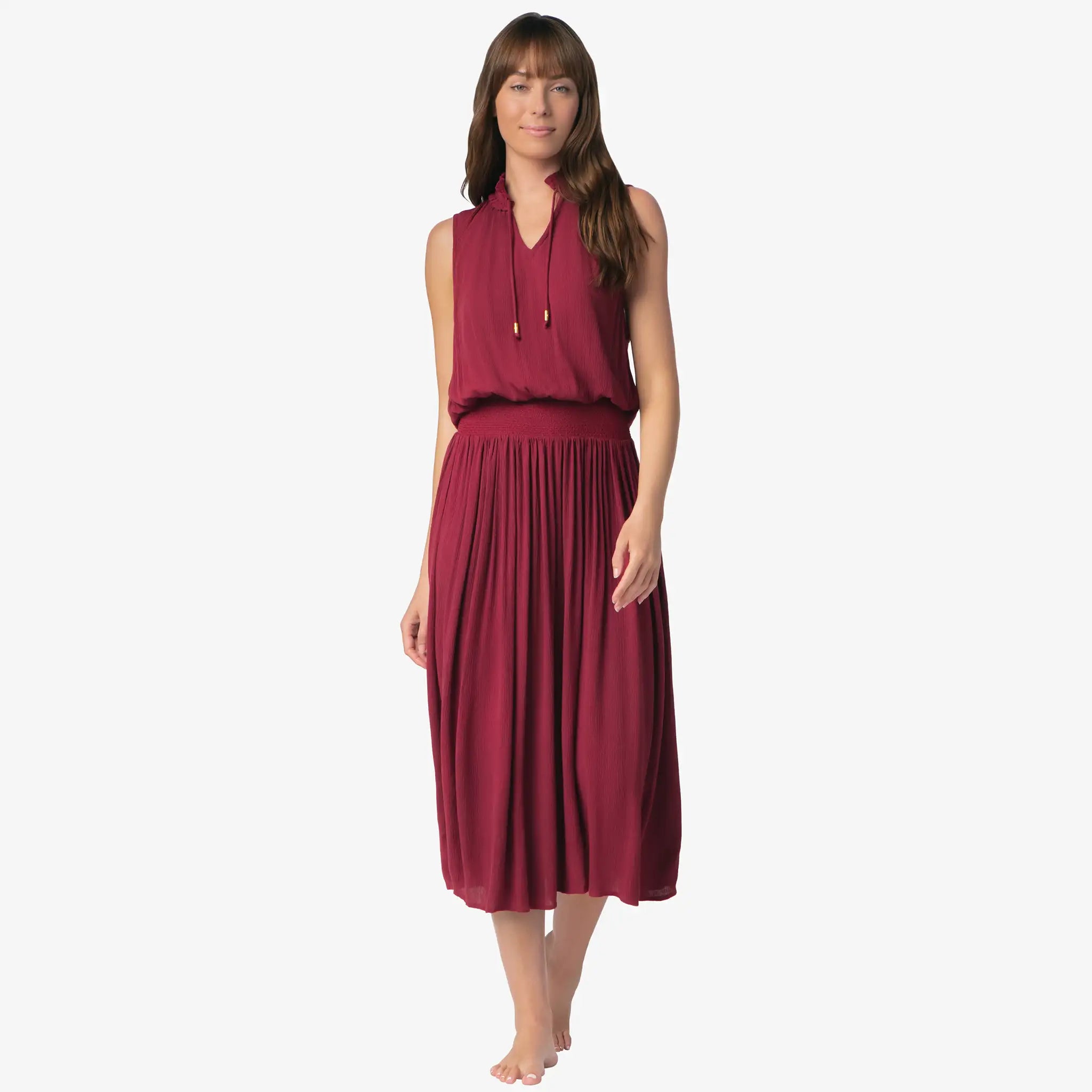 Helen Jon - Sleeveless Smocked Dress - Merlot