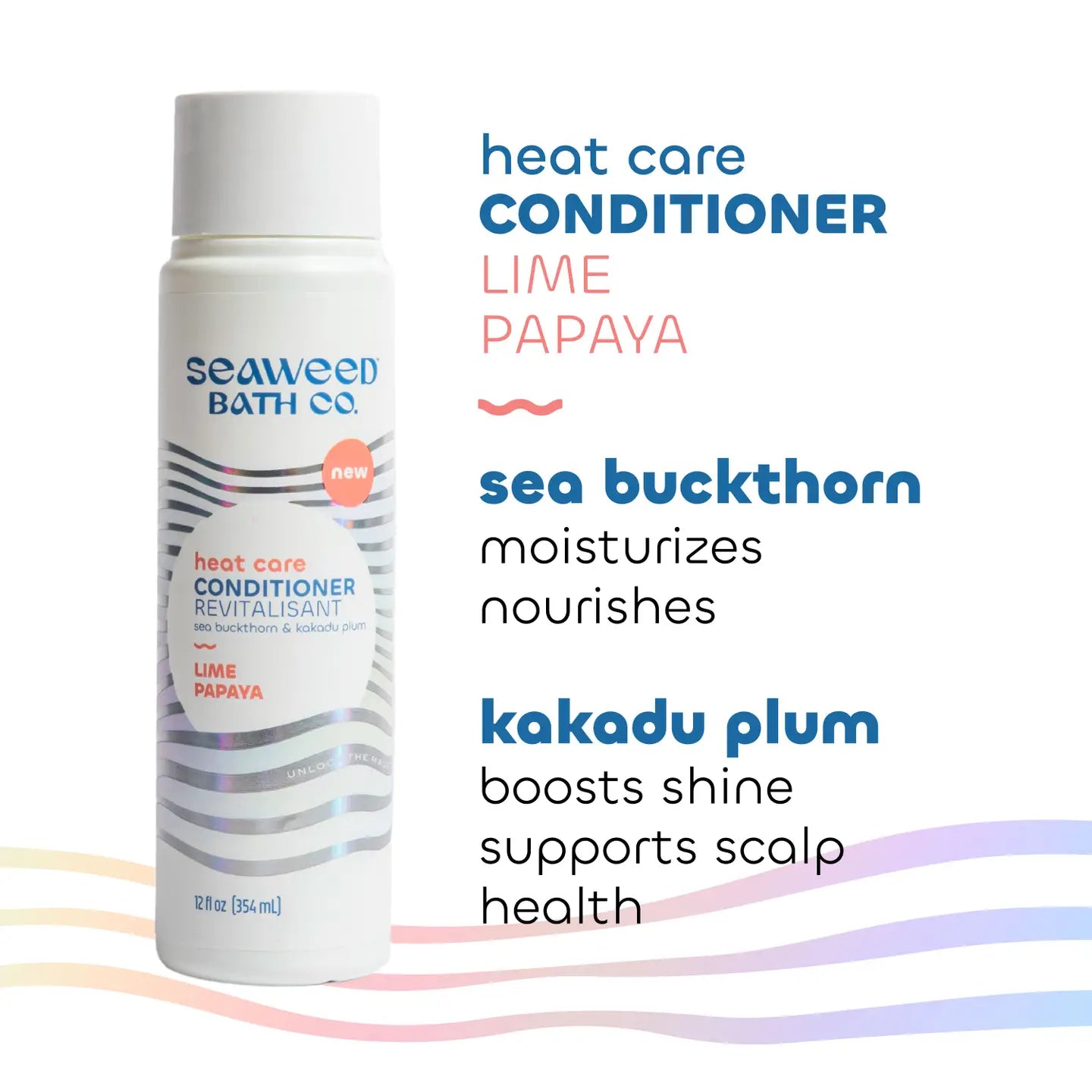 Seaweed Bath Co Heat Care conditioner bottle with text highlighting ingredients on a white background