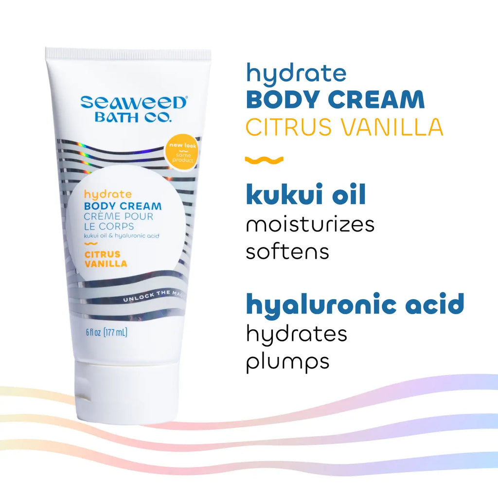 Seaweed Bath Co. hydrate body cream with text highlighting ingredients on a white background