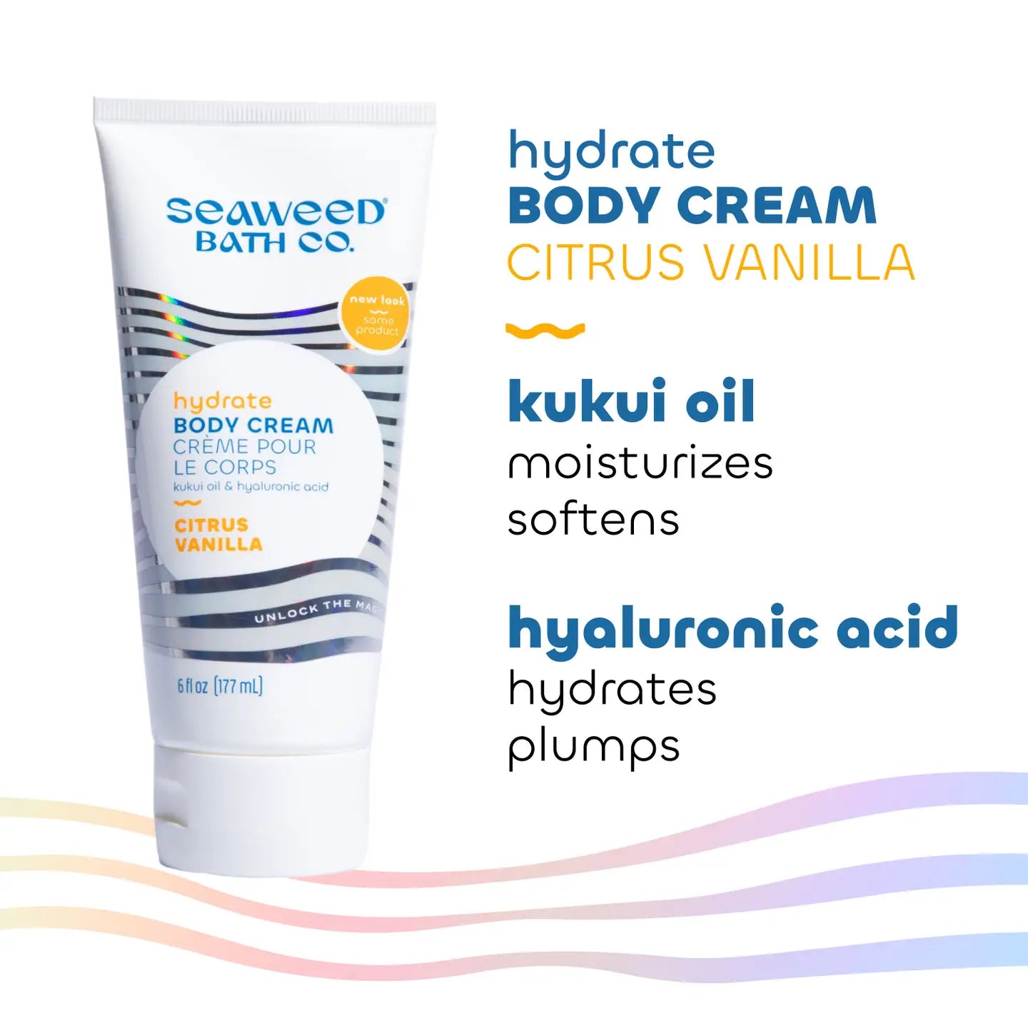 Seaweed Bath Co. hydrate body cream with text highlighting ingredients on a white background