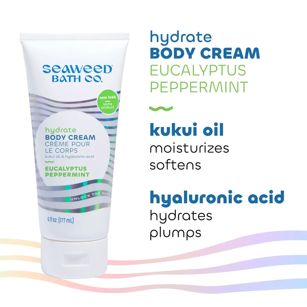 Seaweed Bath Co. body cream with eucalyptus peppermint scent on a white background