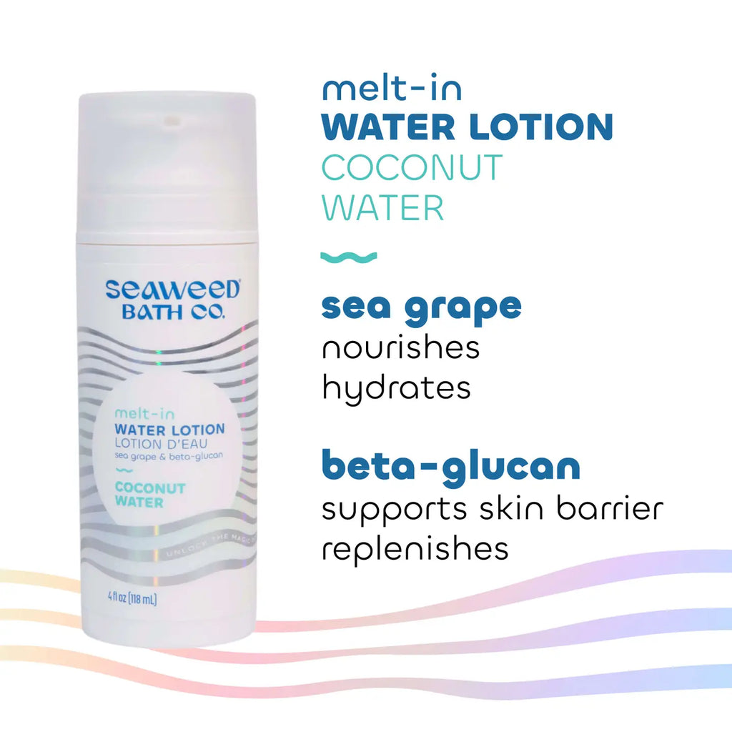 Seaweed Bath Co lotion bottle with text about ingredients on a white background