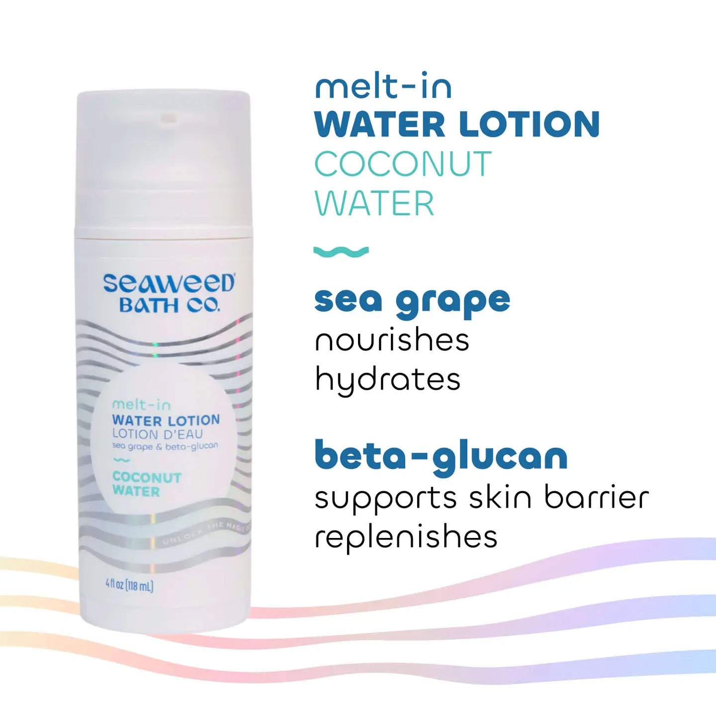 Seaweed Bath Co lotion bottle with text about ingredients on a white background