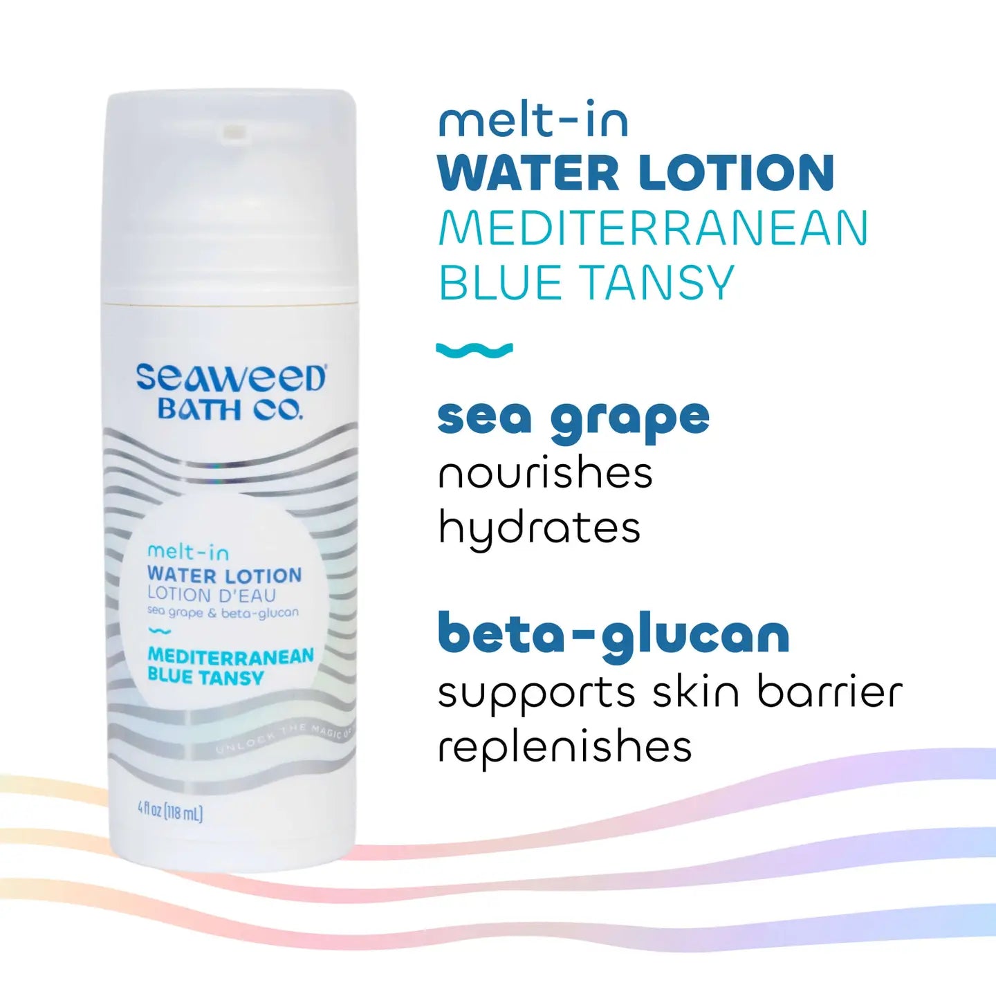 Seaweed Bath Co. melt-in water lotion with product details on a white background