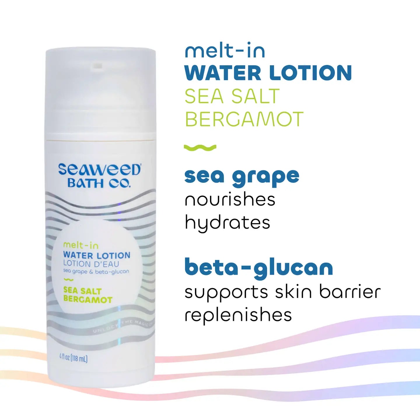 Seaweed Bath Co melt-in water lotion with product details on a white background