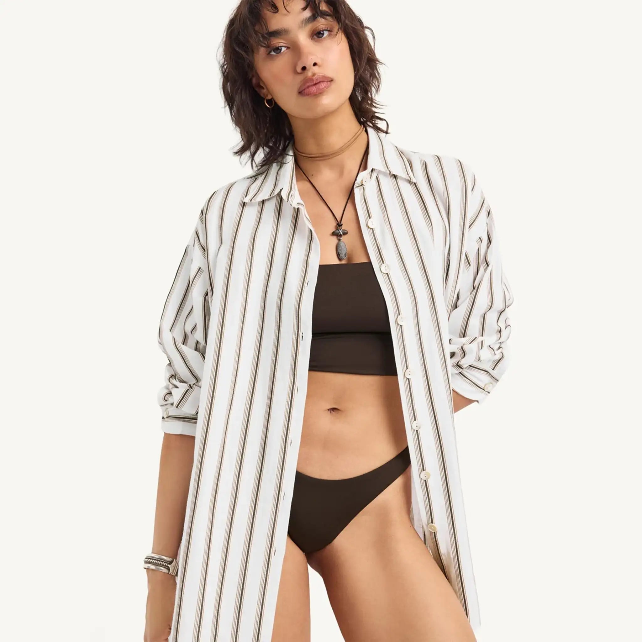 Vitamin A - Playa Linen Boyfriend Shirt -  Earth Stripe