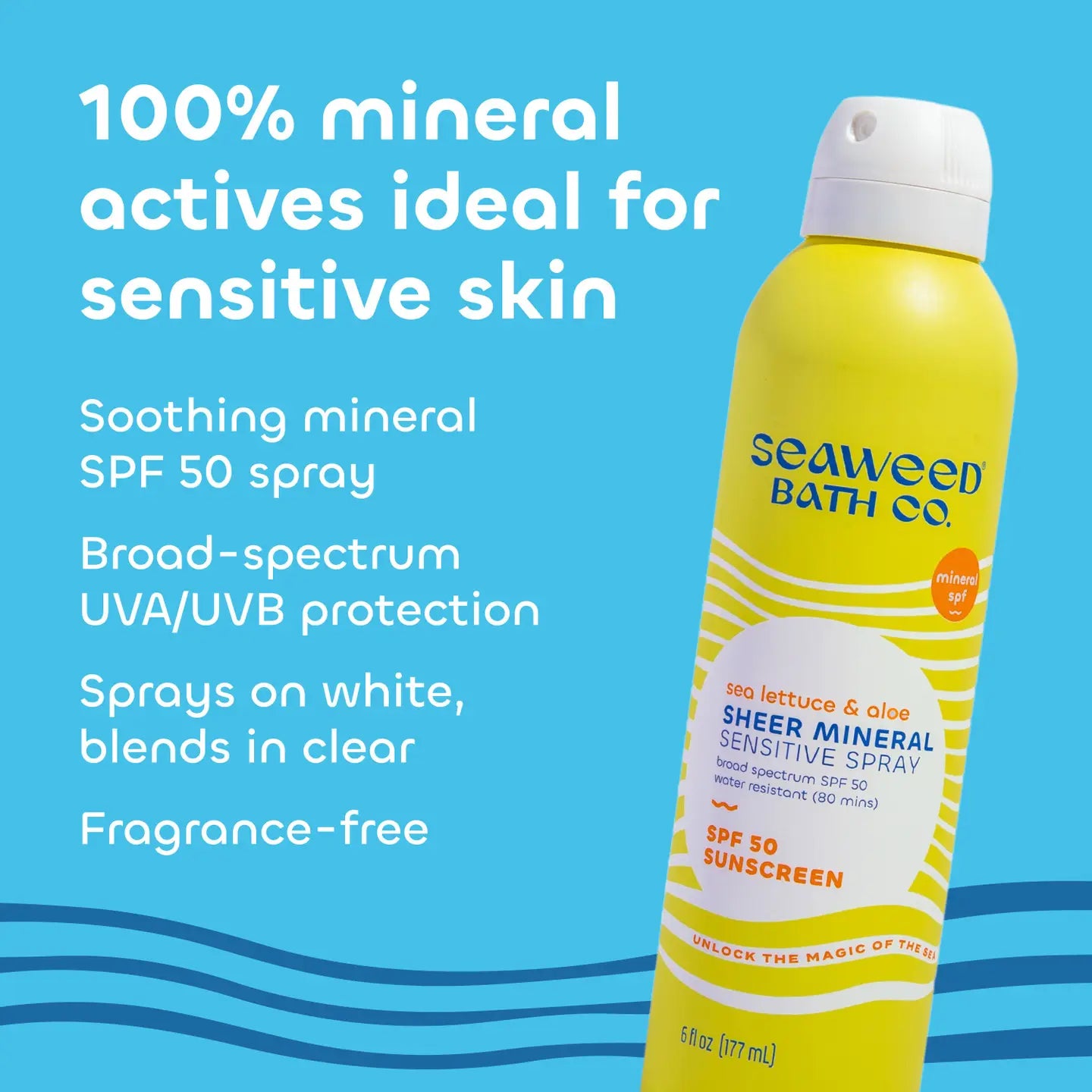 Seaweed Bath Co Sheer Mineral Sensitive Spray with text about sunscreen on a blue background