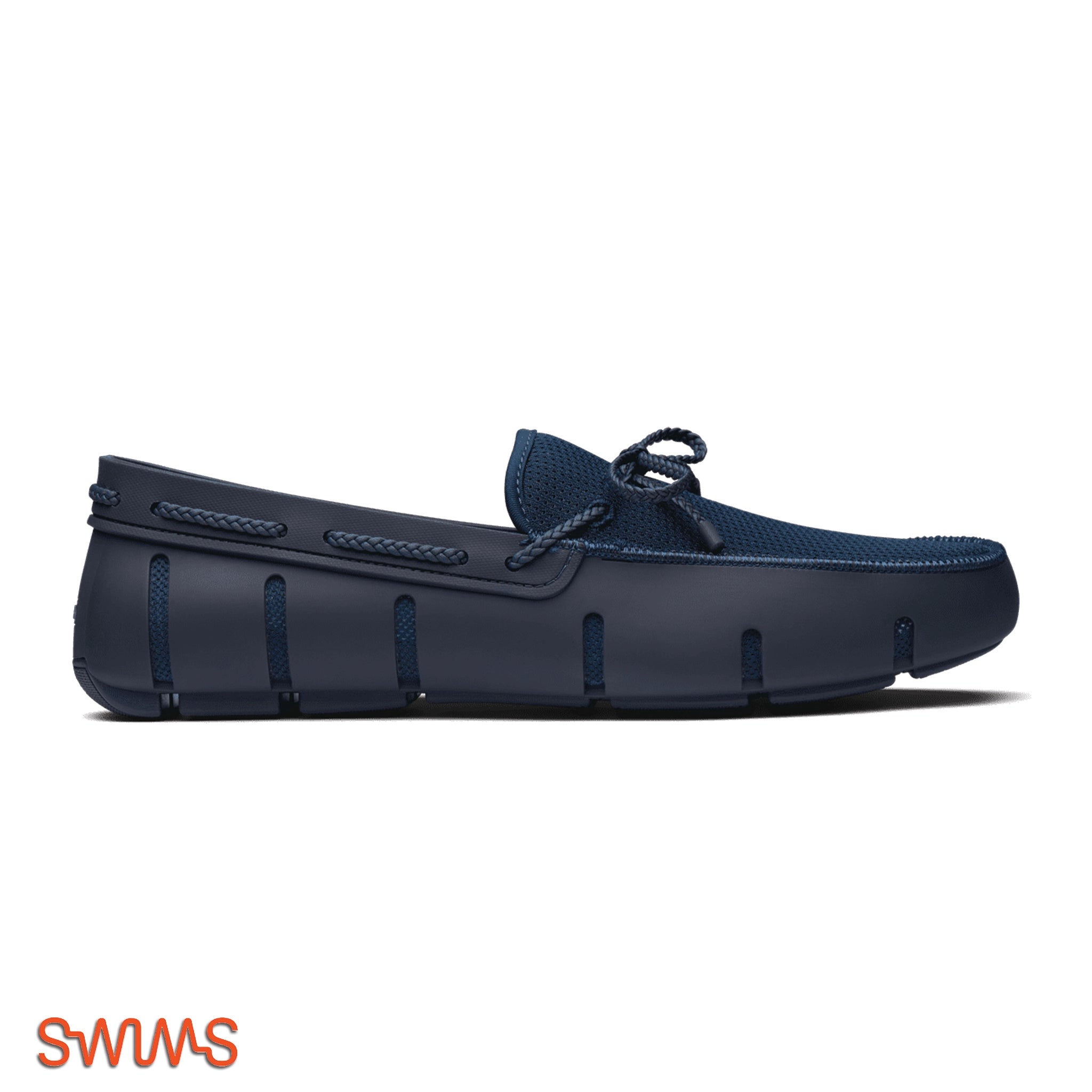 Navy blue loafer shoe on a white background with 'Swims' logo.