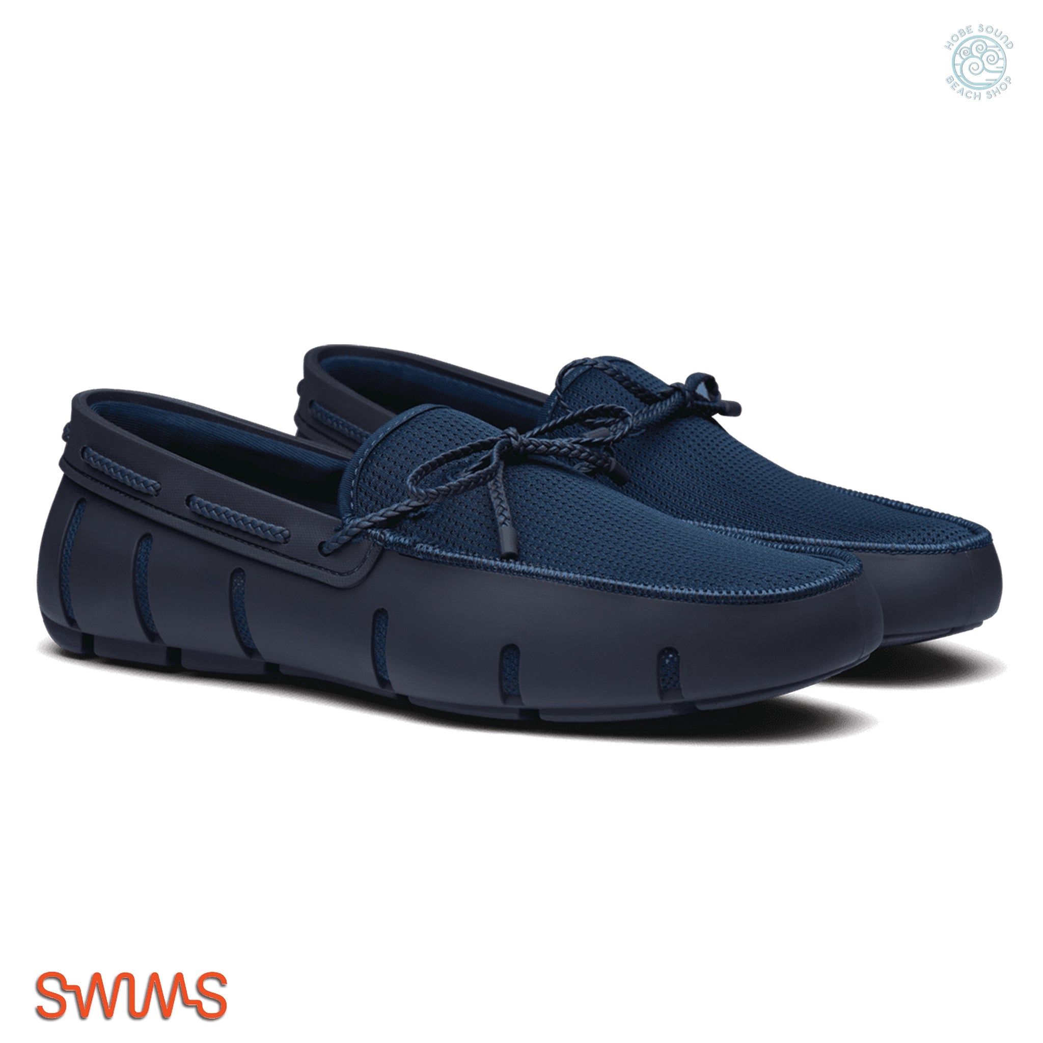 Blue loafers with a visible Swims brand logo on a white background