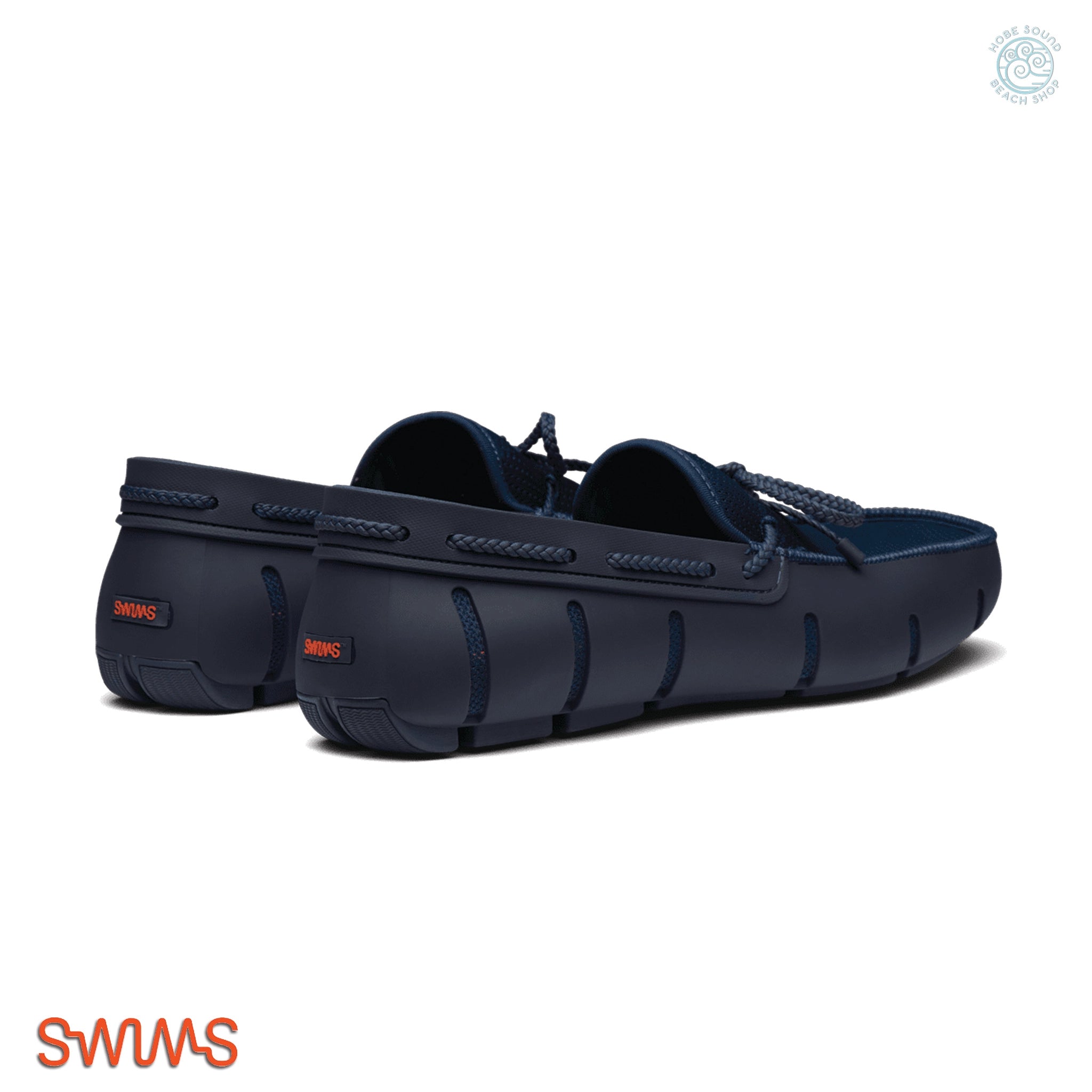 Navy blue shoes with a Swims brand logo on a white background