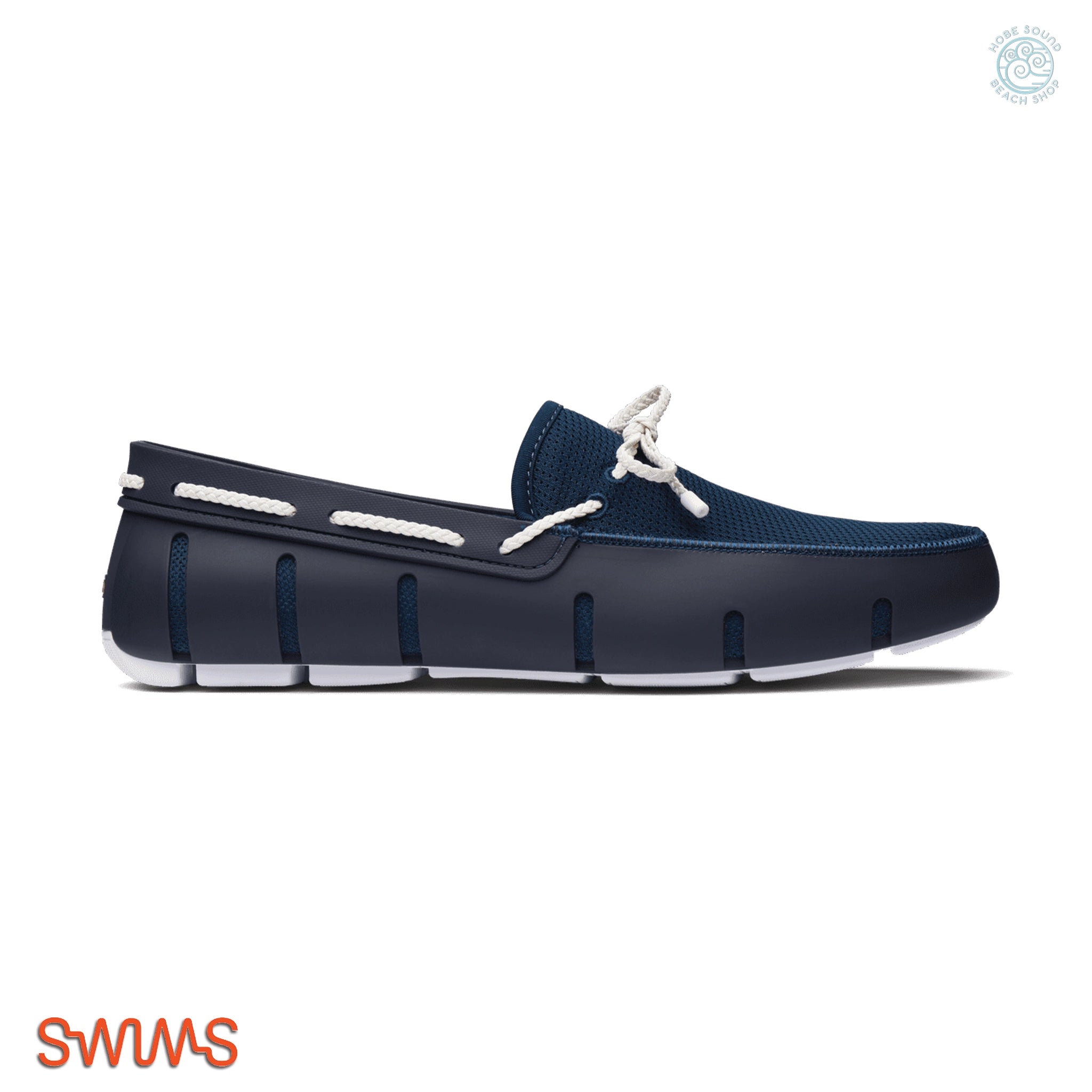 Navy blue shoe with white accents on a white background, featuring the Swims brand.