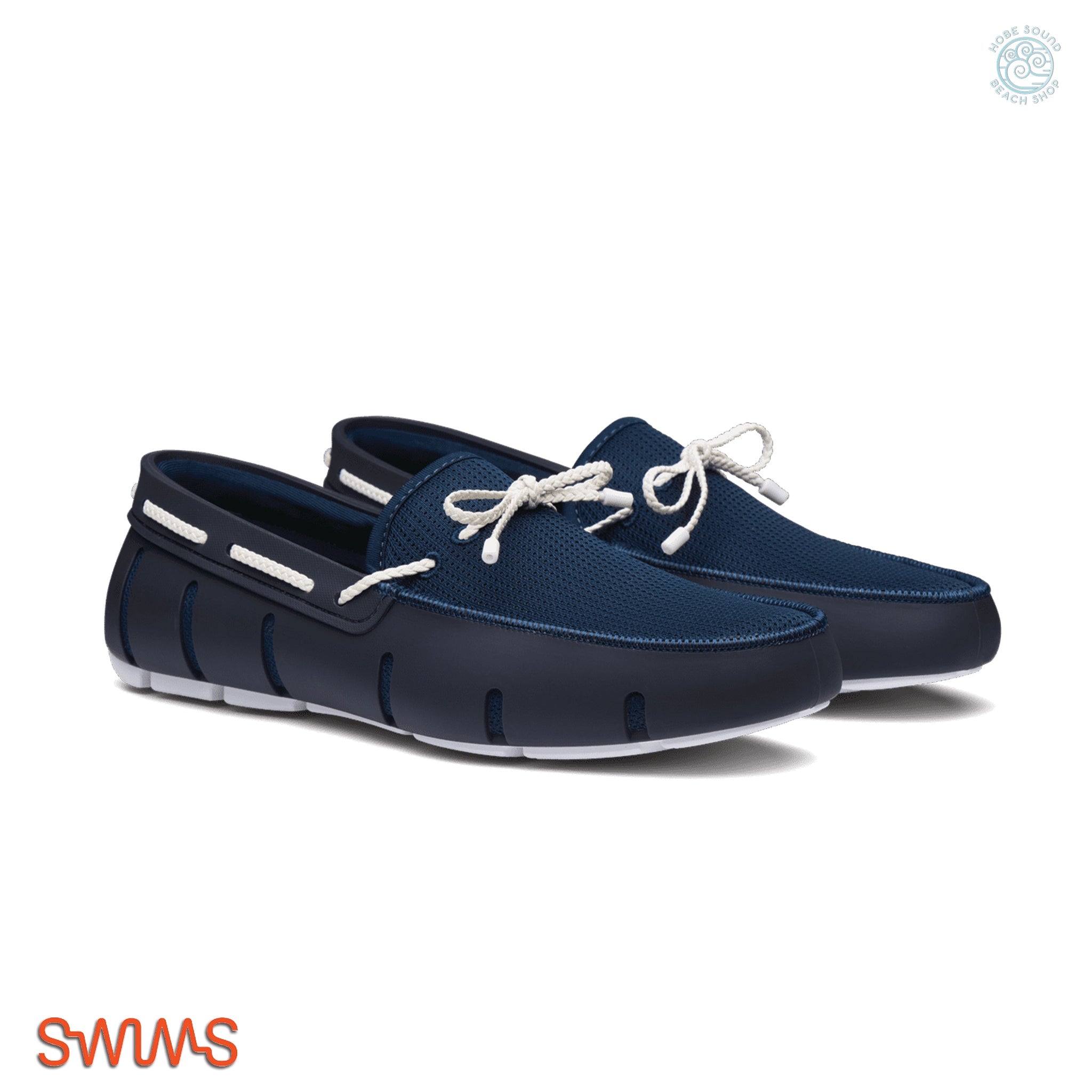 Pair of blue Swims loafers with white laces on a white background.