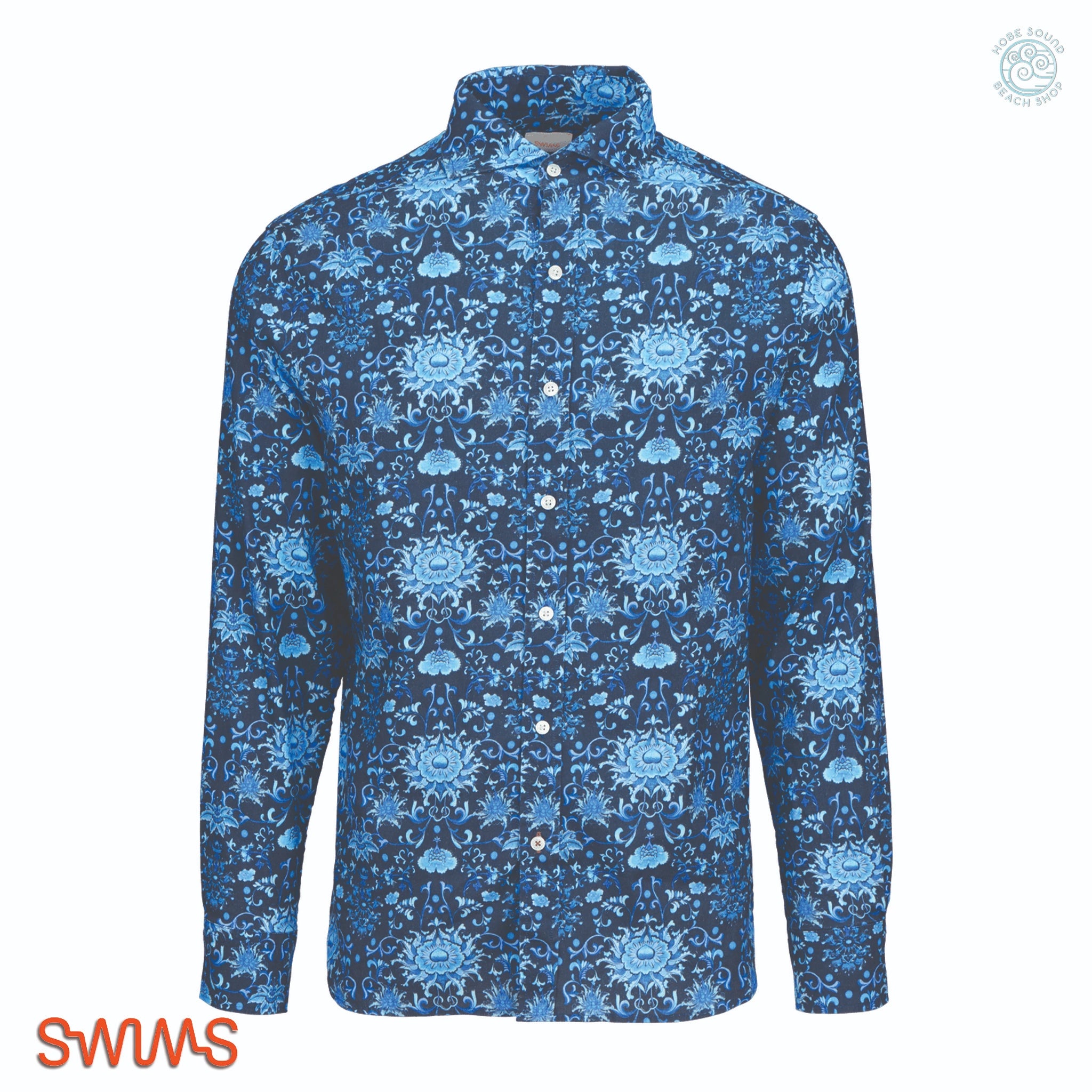 Swims Breeze Linen Shirt in Navy on a white background.