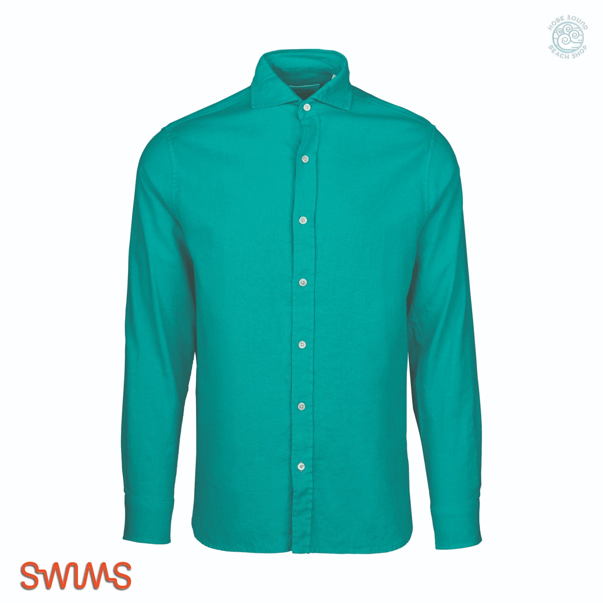 Swims Linen Sport Shirt in Cerulean on a white background.