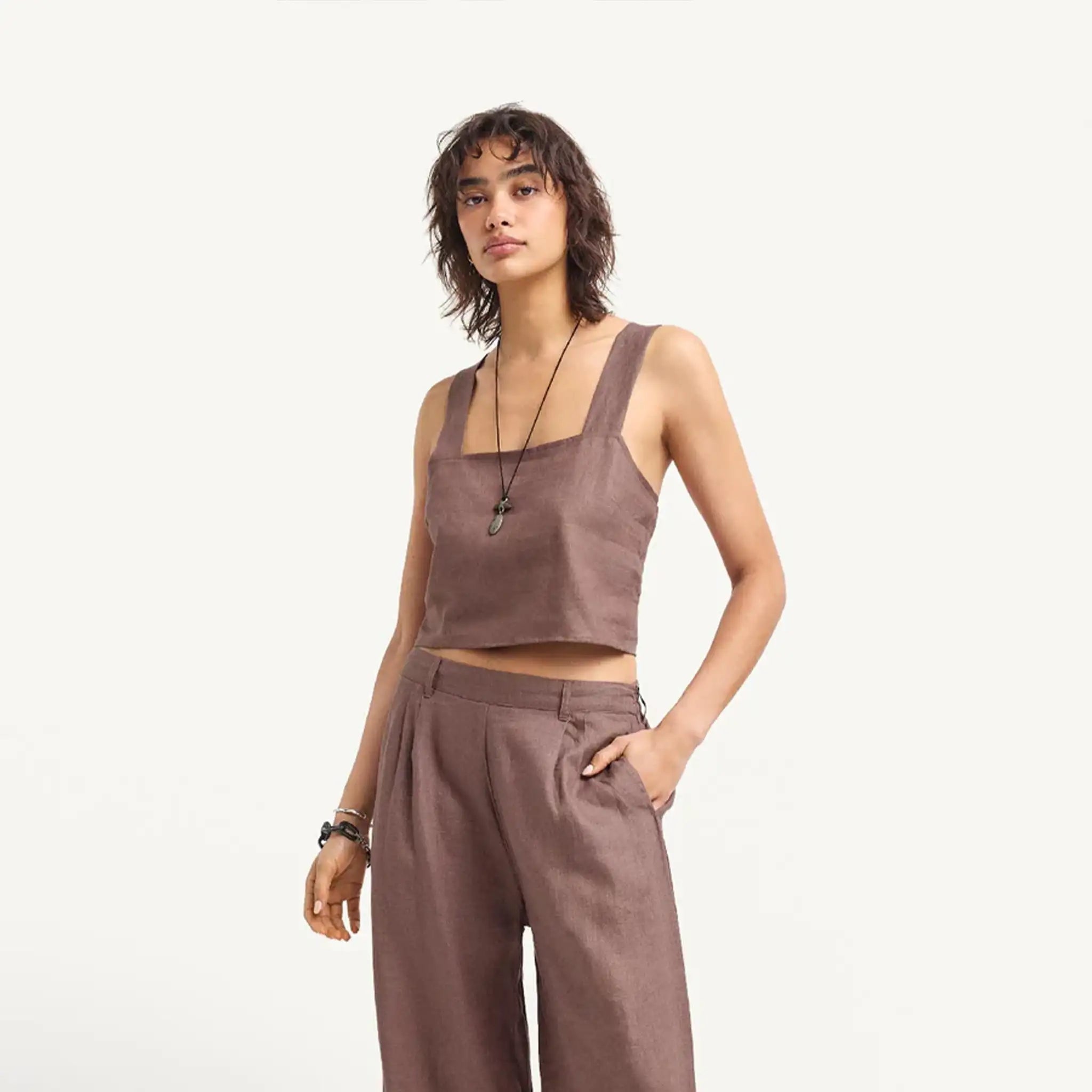 Vitamin A - Tallows Linen Crop Top - Mocha Brown