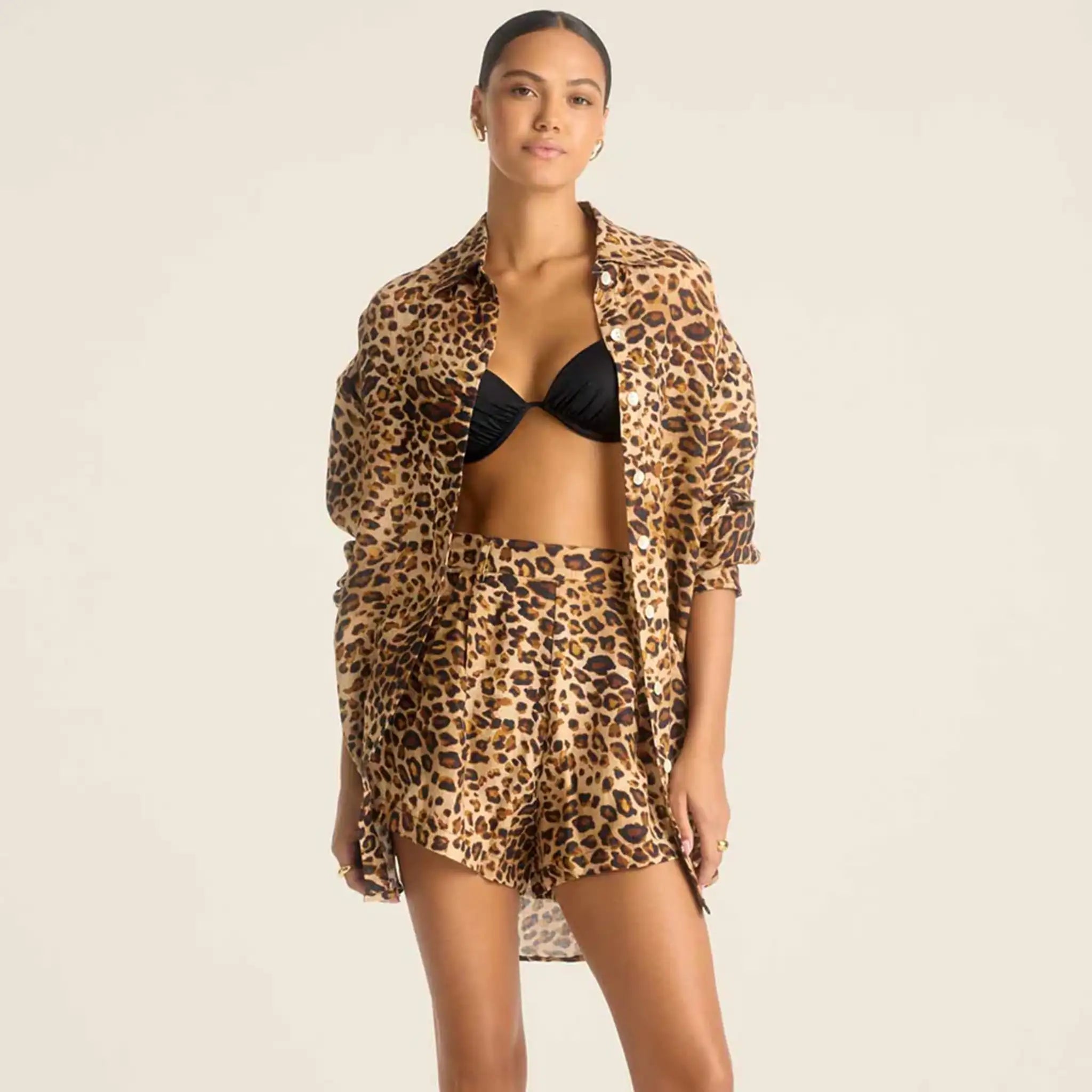 Vitamin A - Playa Linen Boyfriend Shirt - Lux Leopard