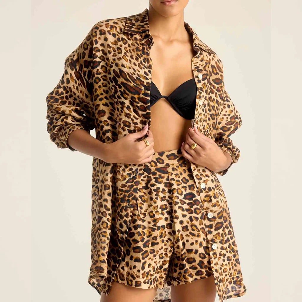 Vitamin A - Playa Linen Boyfriend Shirt - Lux Leopard