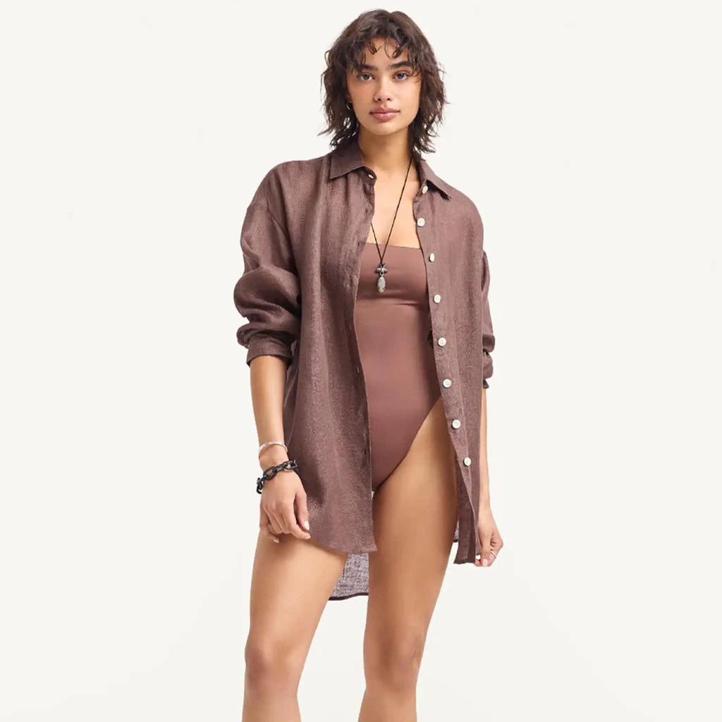 Vitamin A - Playa Linen Boyfriend Shirt - Mocha