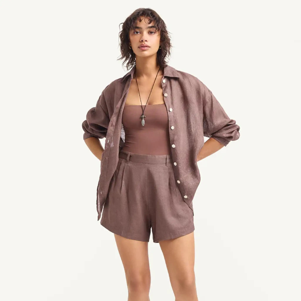 Vitamin A - Playa Linen Boyfriend Shirt - Mocha