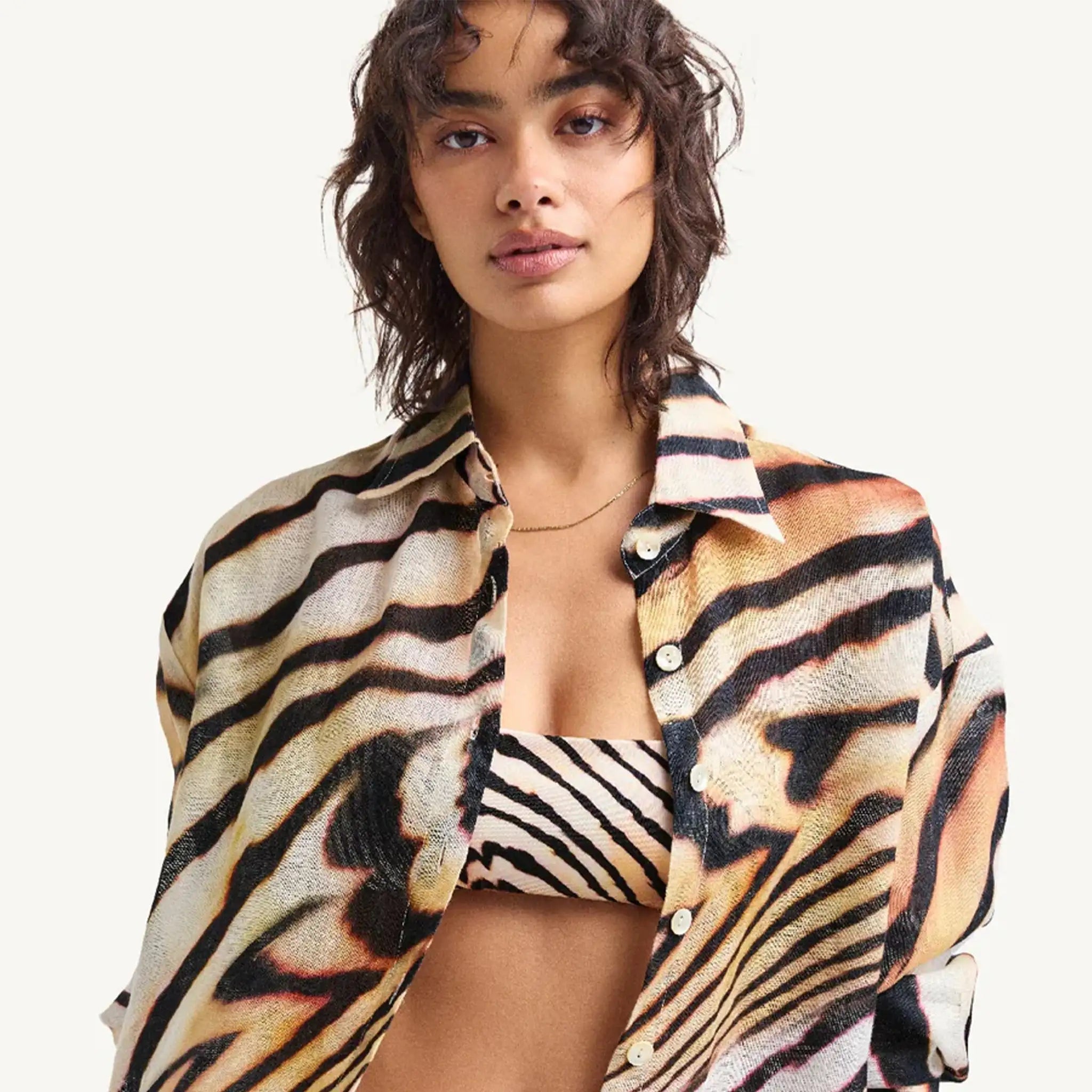 Vitamin A - Playa Linen Boyfriend Shirt - Shell Stripe