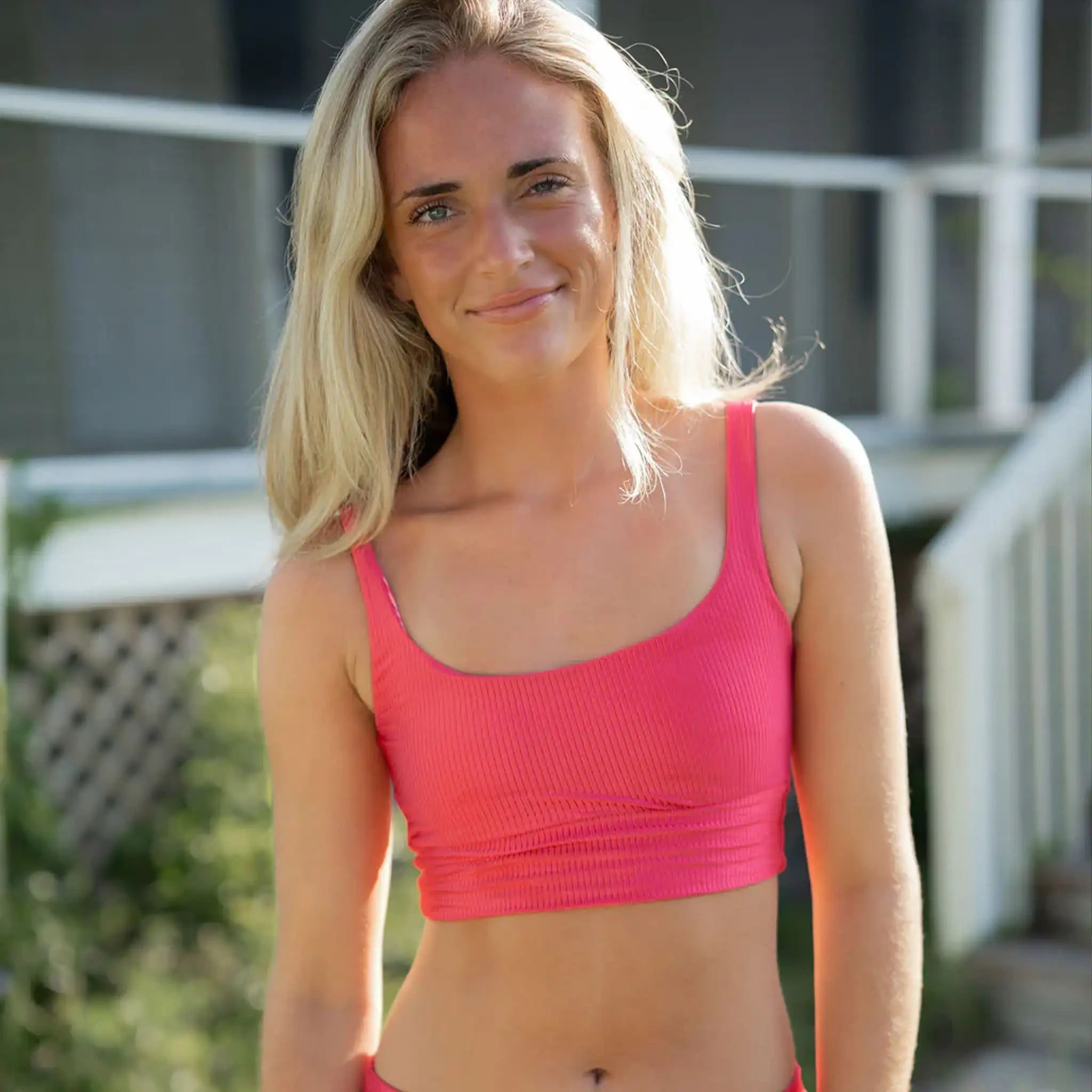 VanHope Zoey Revesible Bikini top in Ribbed Strawberry / Hibiscus, Front View