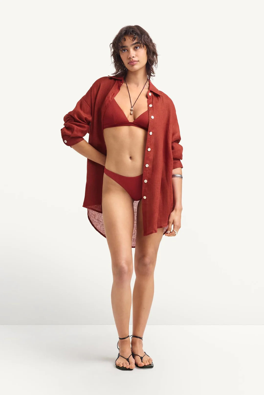 Vitamin A - Playa Linen Boyfriend Shirt -  Deep Madder