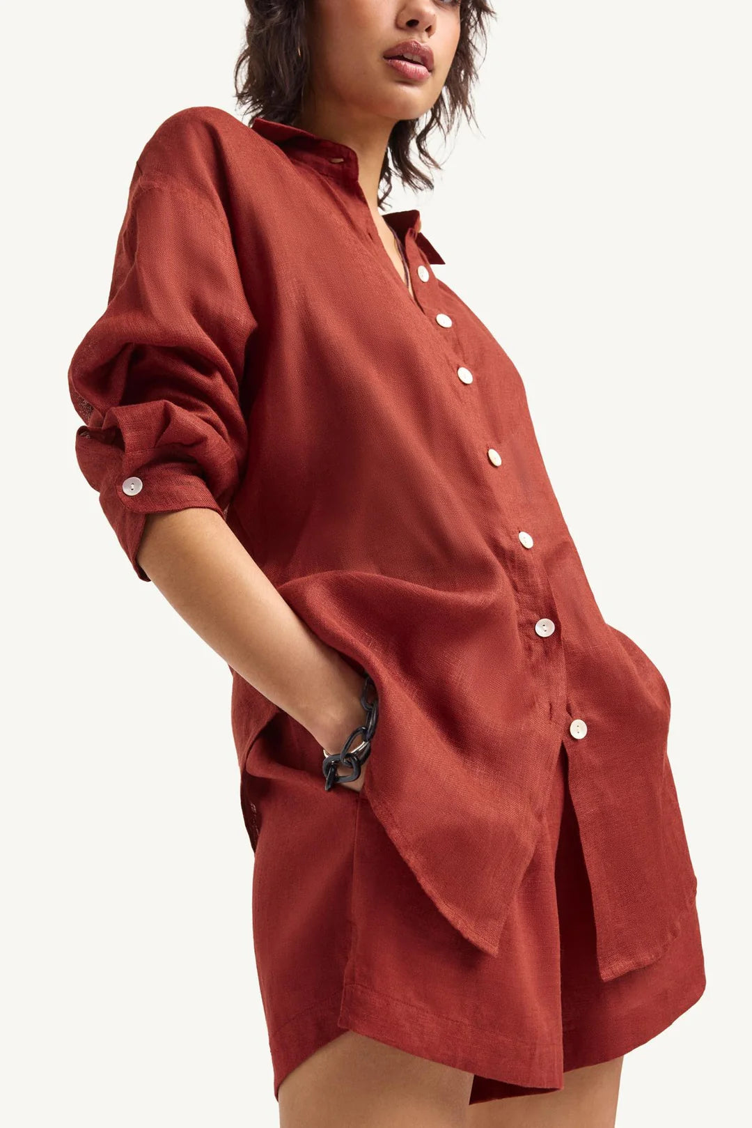 Vitamin A - Playa Linen Boyfriend Shirt -  Deep Madder