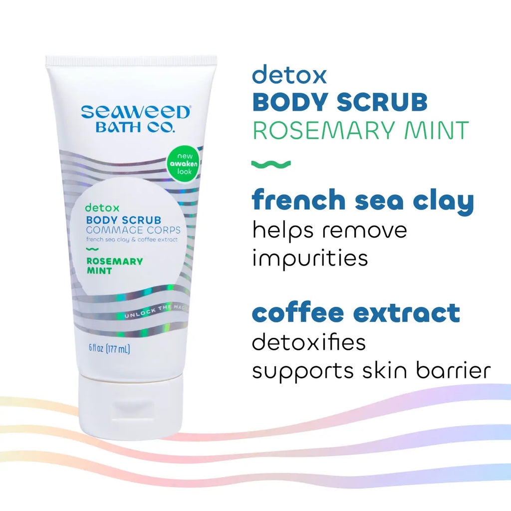 Seaweed Bath Co. detox body scrub with text highlighting ingredients on a white background