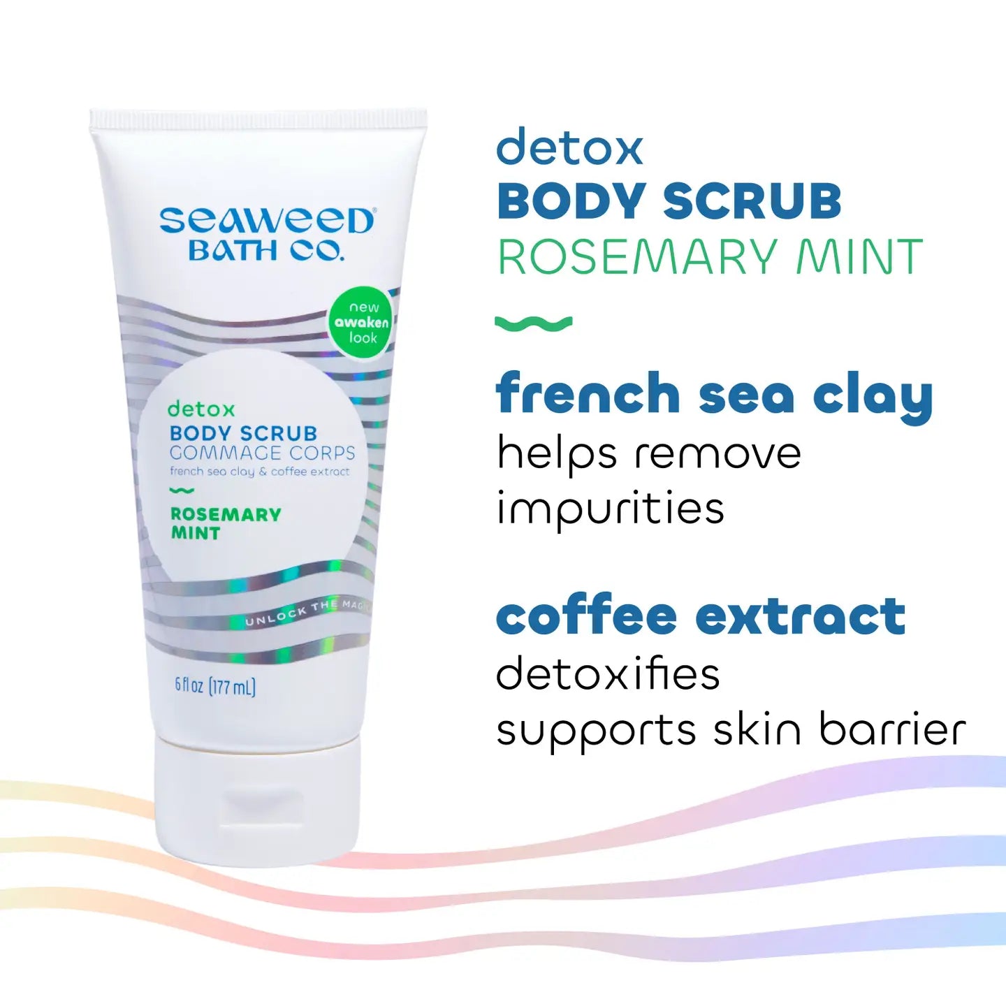Seaweed Bath Co. detox body scrub with text highlighting ingredients on a white background