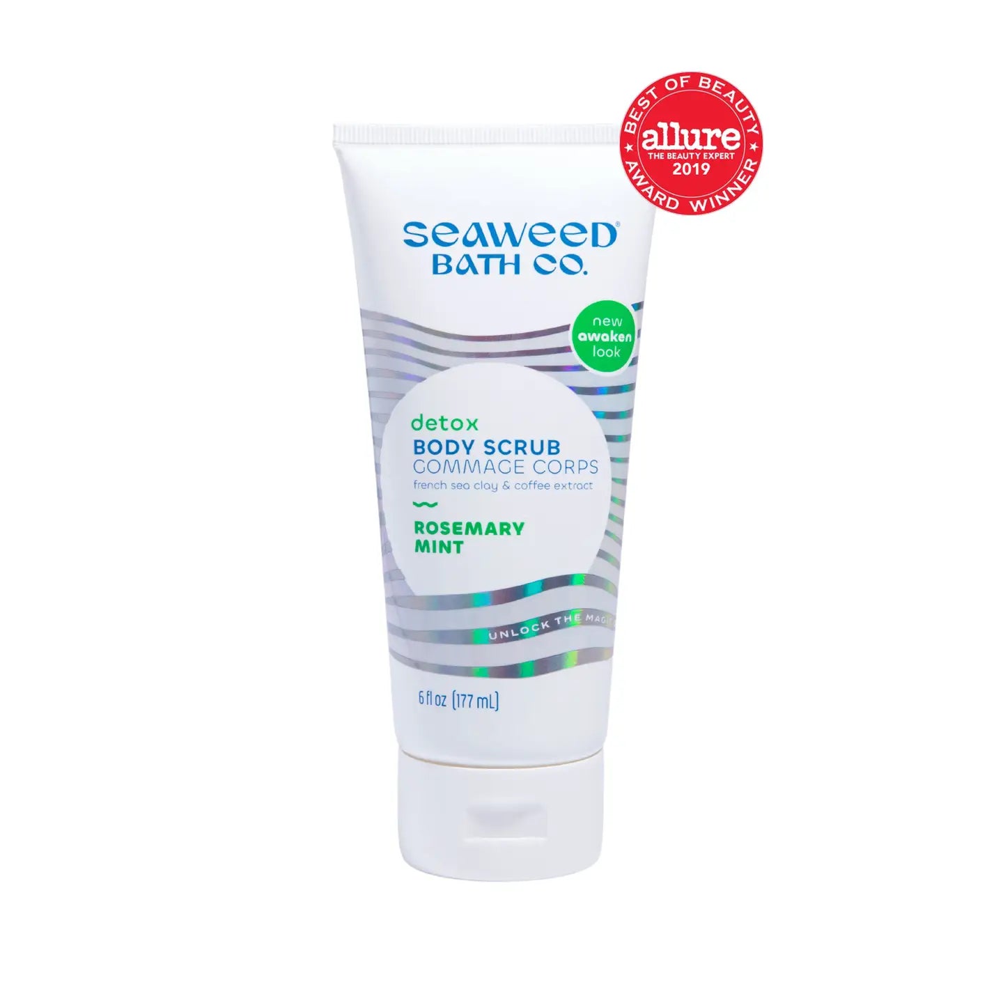 Seaweed Bath Co detox body scrub with Allure award on a white background