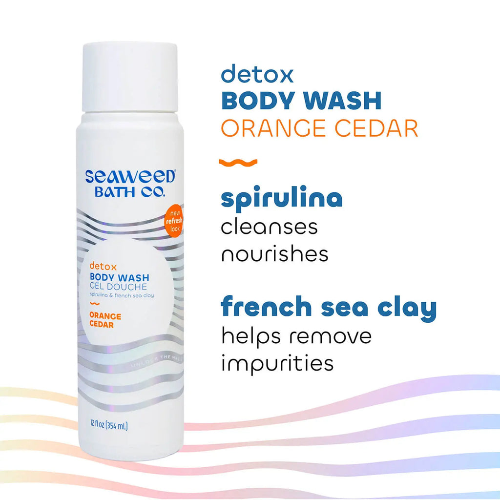 Seaweed Bath Co. detox body wash bottle with product details on a white background
